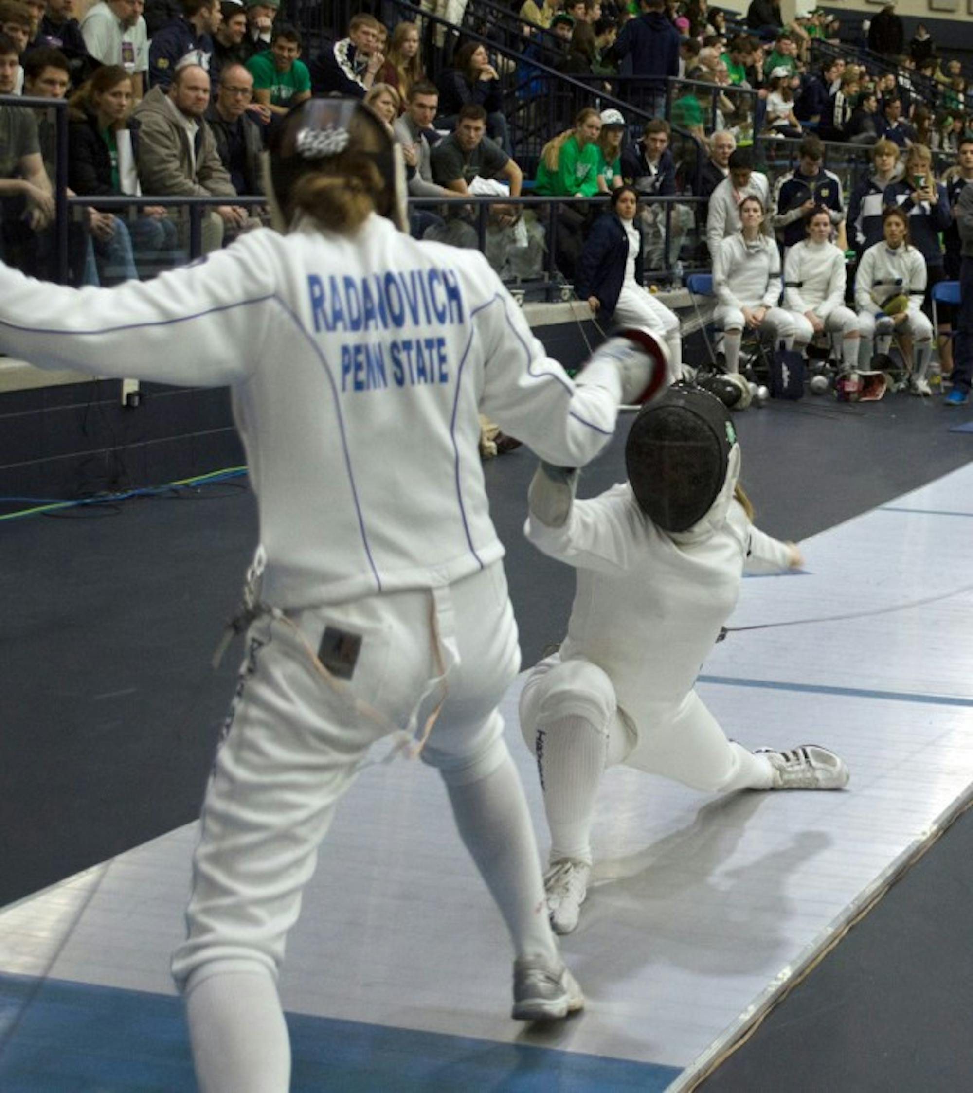 Irish junior epee Catherine Lee faces Penn State sophomore Jessie Radanovich during the DeCicco Duals on Feb. 8 at Castellan Family Fencing Center.