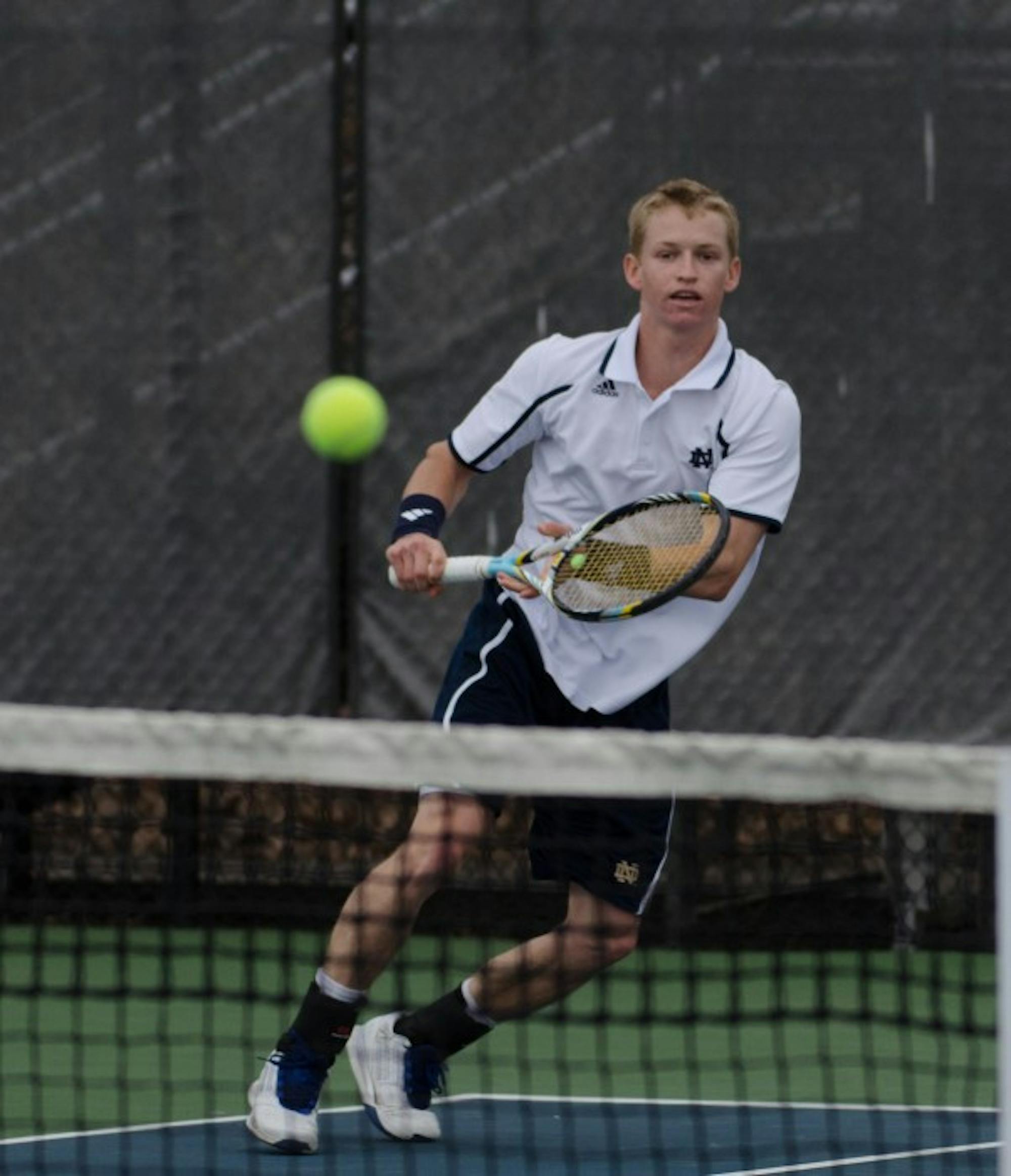 Irish sophomore Josh Hagar watches his shot during Notre Dame’s 6-1 win over Florida State on April 13.