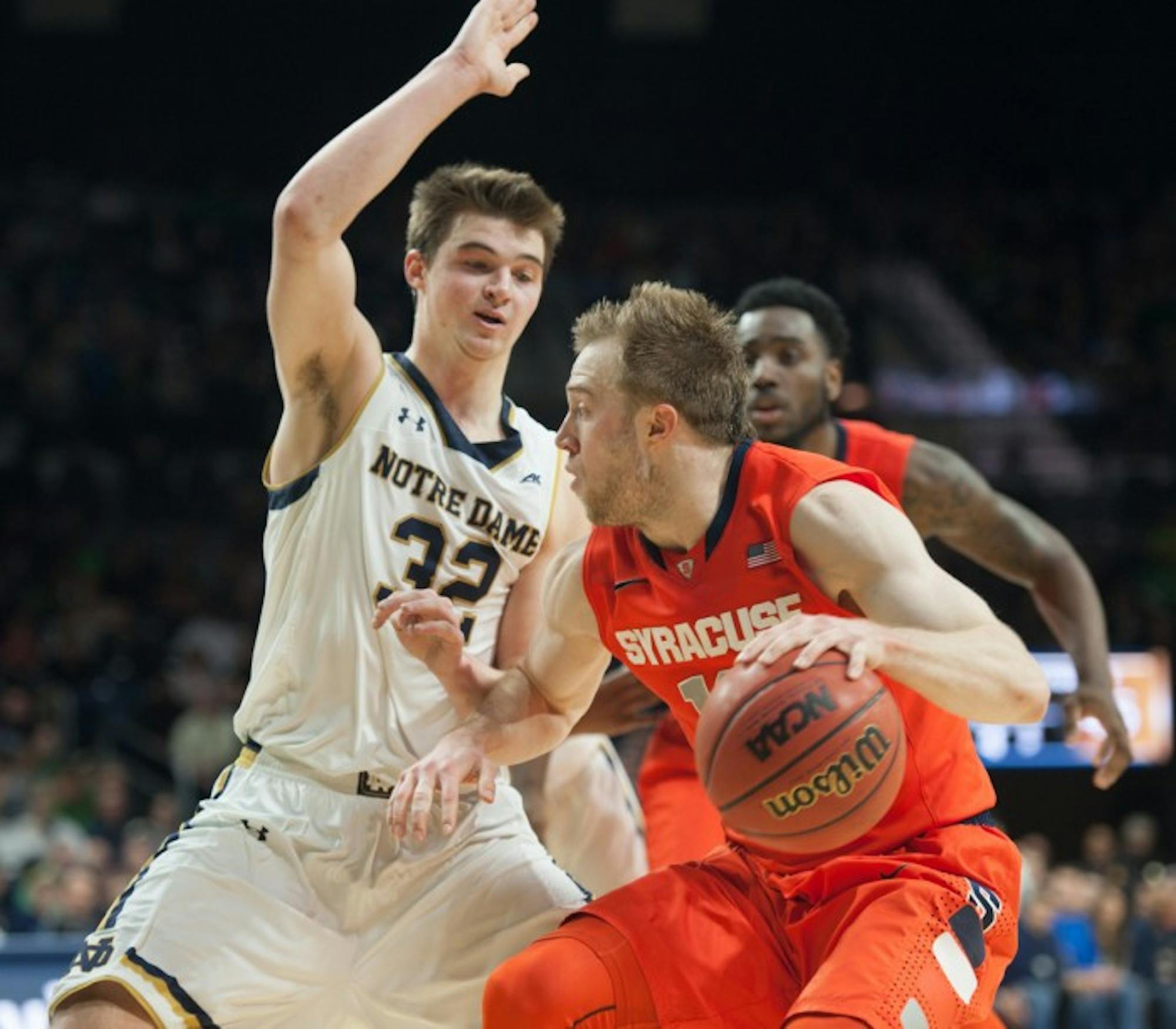 Sophomore guard Steve Vasturia slides in front of his man on Tuesday night in Notre Dame’s 65-60 loss to Syracuse at Purcell Pavilion. Vasturia had six points in the game.