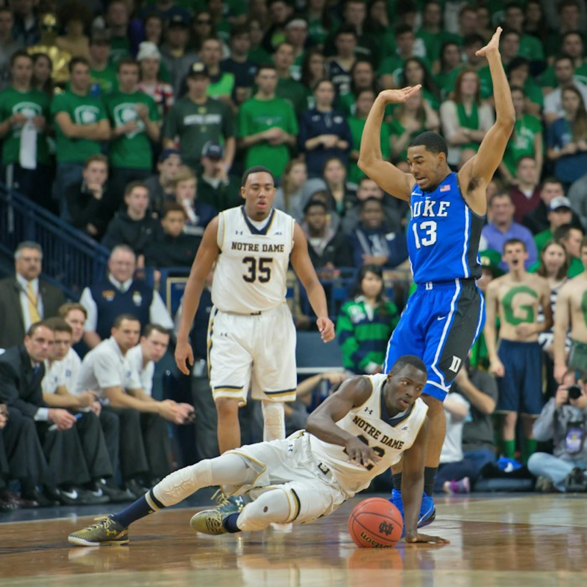 Notre Dame senior guard Jerian Grant attempts to recover from a fall during the 77-73 Irish upset of Duke on Jan. 28 at Purcell Pavilion.