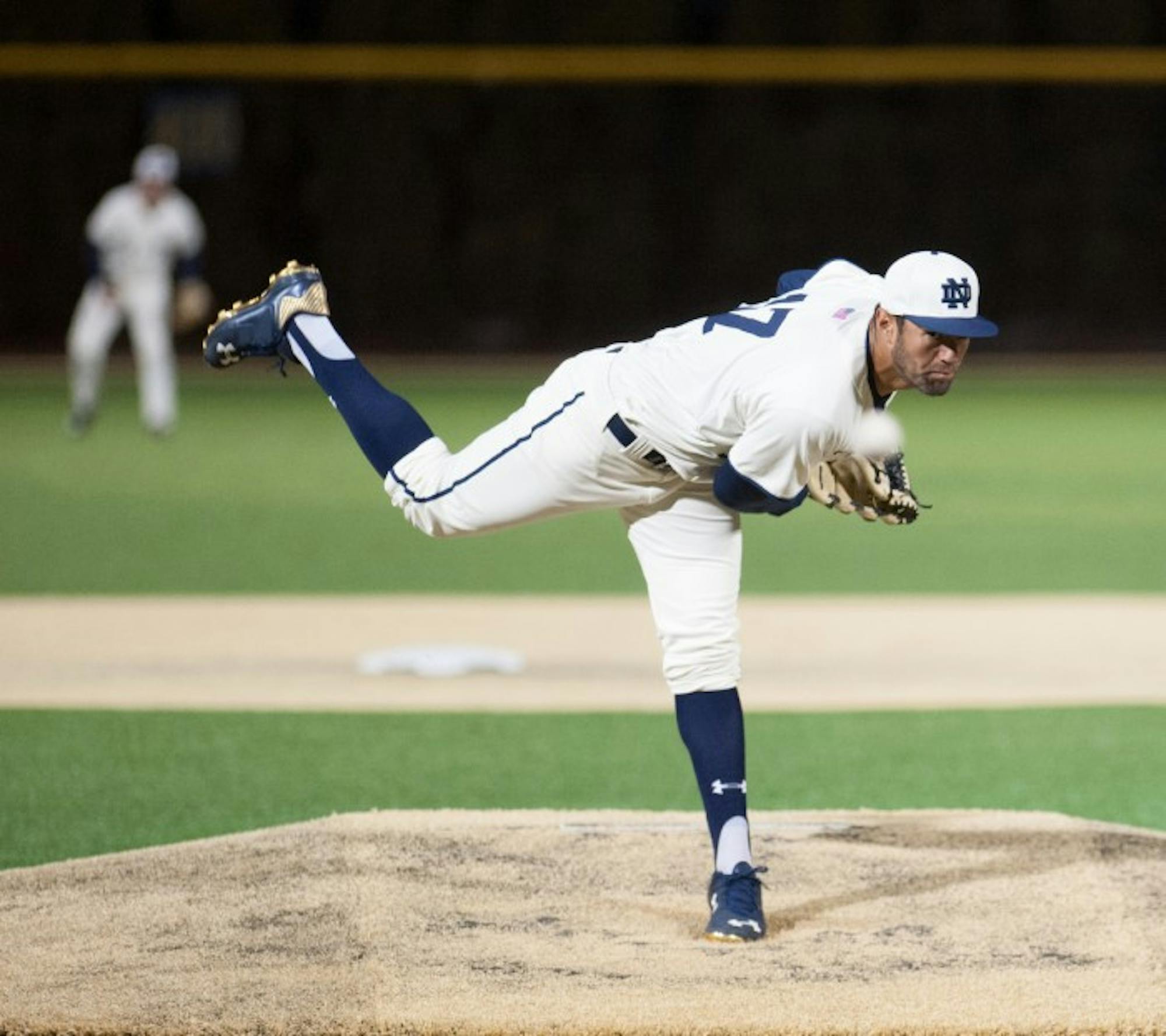 Irish right-hander Cristian Torres delivers a pitch during Notre Dame’s 8-3 win over Central Michigan on March 18 at Frank Eck Stadium.
