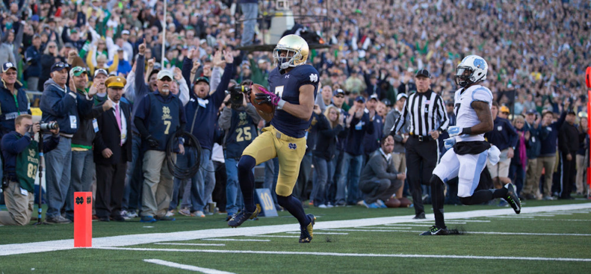 Irish sophomore receiver Will Fuller hauled in seven receptions for 133 yards and two touchdowns during Notre Dame’s 50-43 win over North Carolina on Saturday at Notre Dame Stadium.