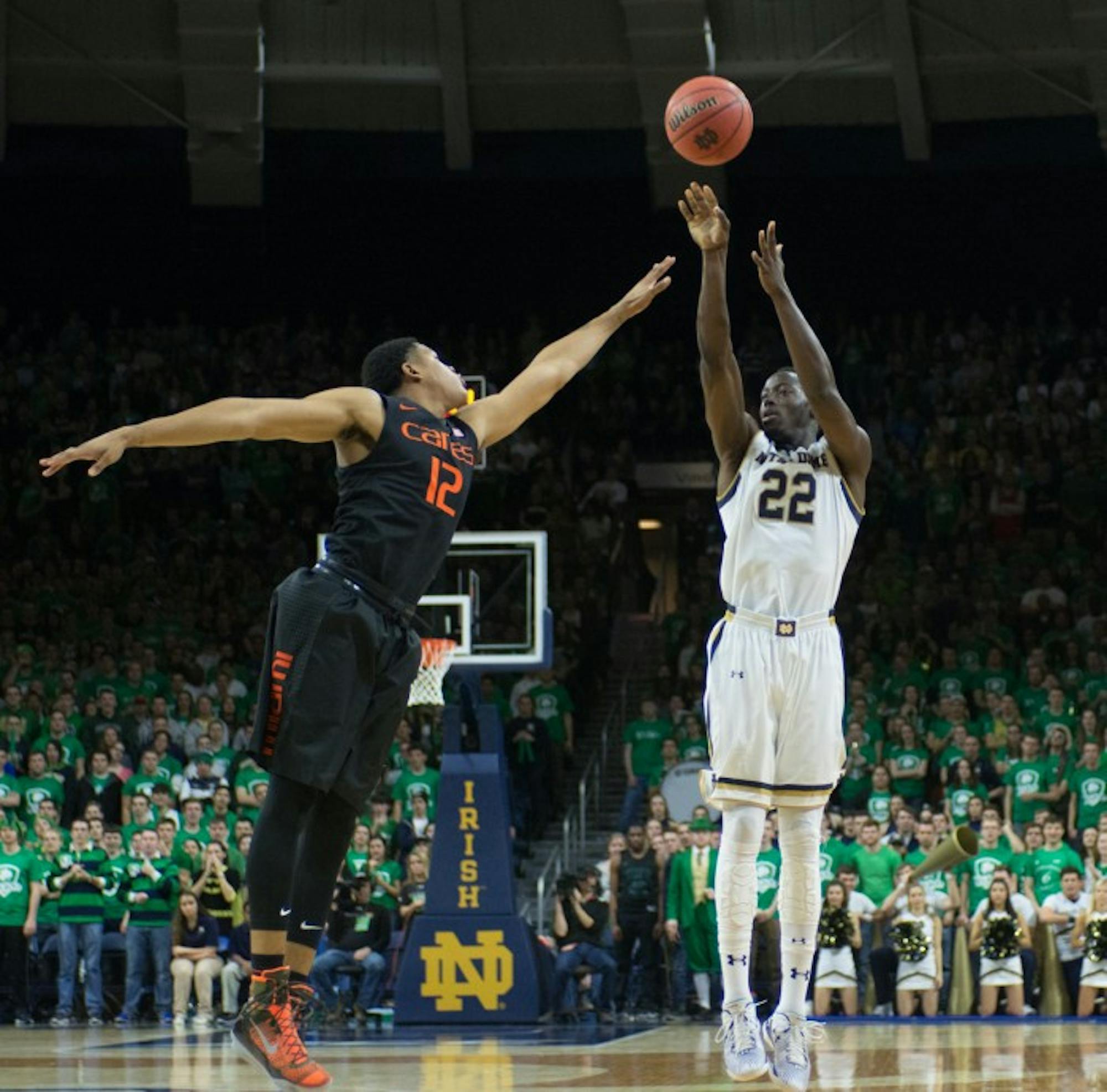 Senior guard Jerian Grant pulls up for a shot during Notre Dame’s 75-70 win over Miami on Jan. 17 at Purcell Pavilion.
