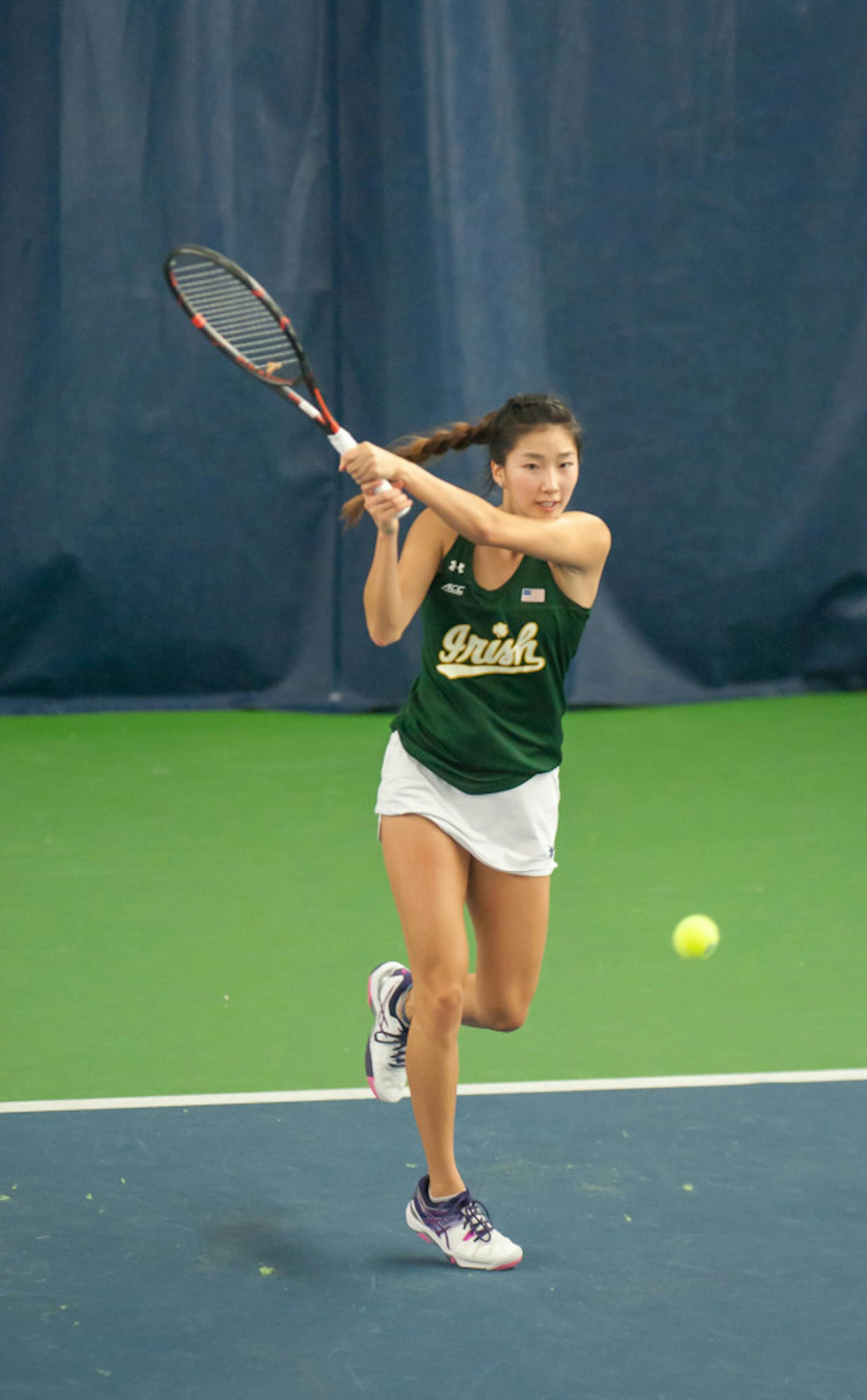 Irish junior Rachel Chong returns a backhand during Notre Dame's 5-2 win over Purdue on Feb. 22 at Eck Tennis Pavilion. Chong was one of three Irish athletes undefeated in singles play this past weekend.