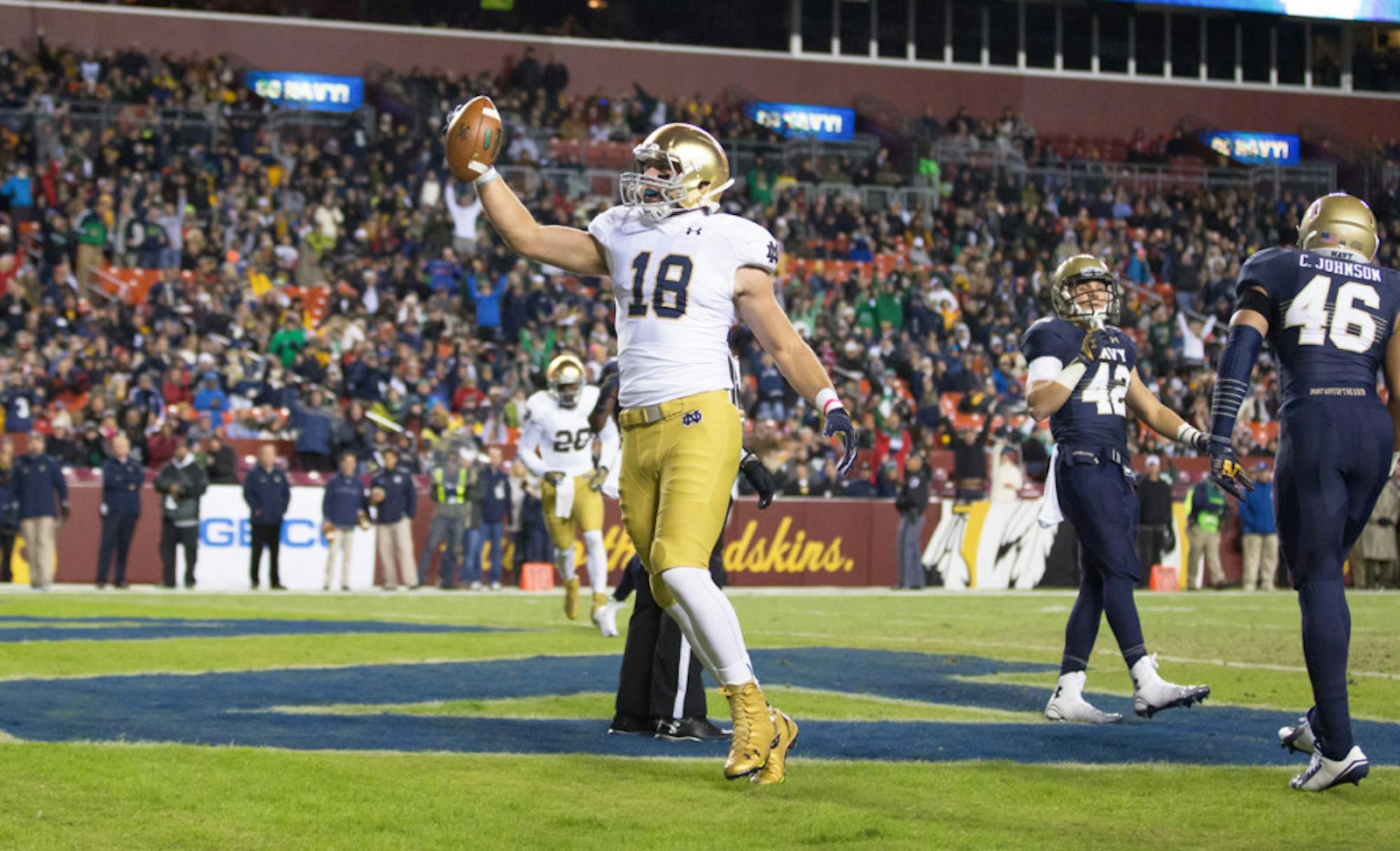 Irish senior tight end Ben Koyack celebrates his first-quarter touchdown reception in Notre Dame’s 49-39 win over Navy on Saturday night at FedEx Field in Landover, Maryland.