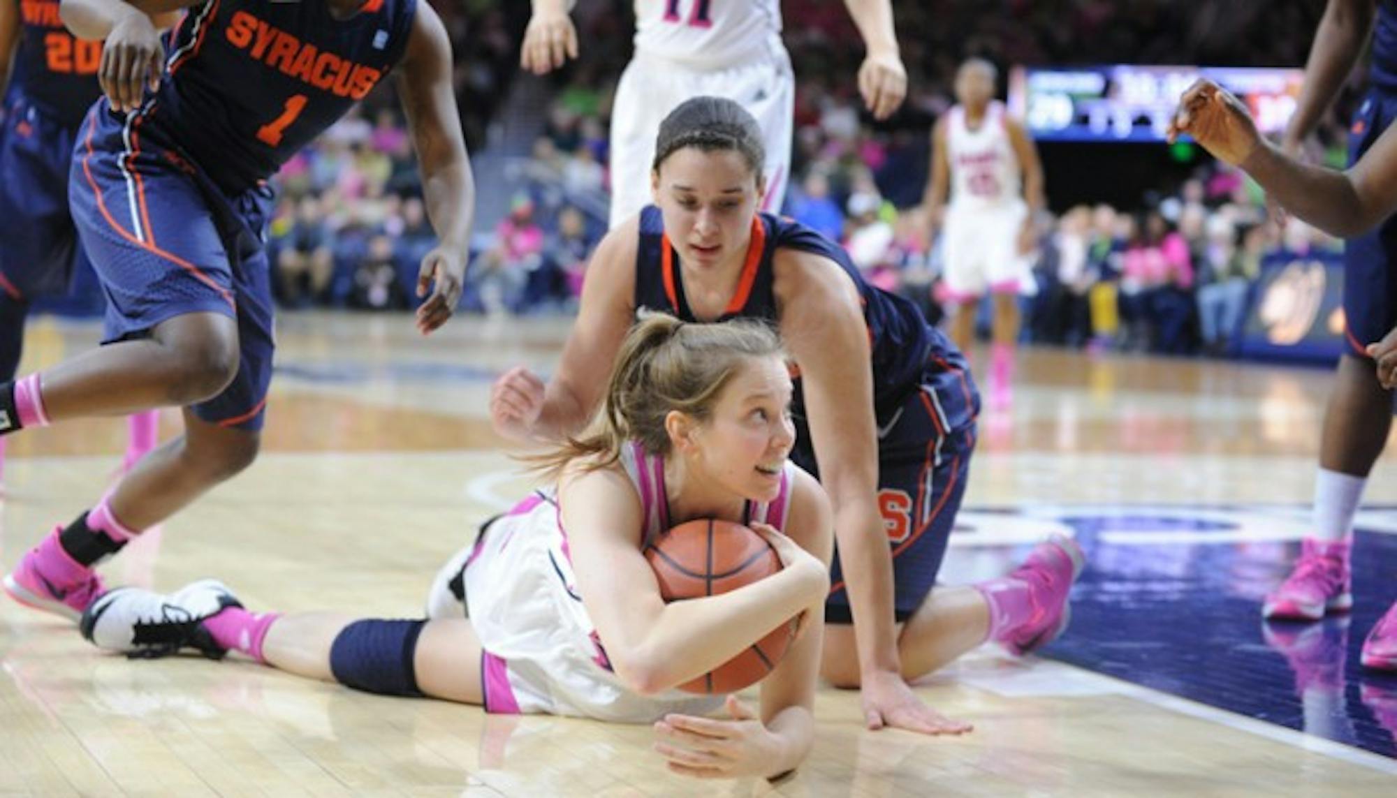 Irish junior guard Madison Cable dives for a loose ball during Notre Dame's 101-62 home win over Syracuse on Feb. 9.