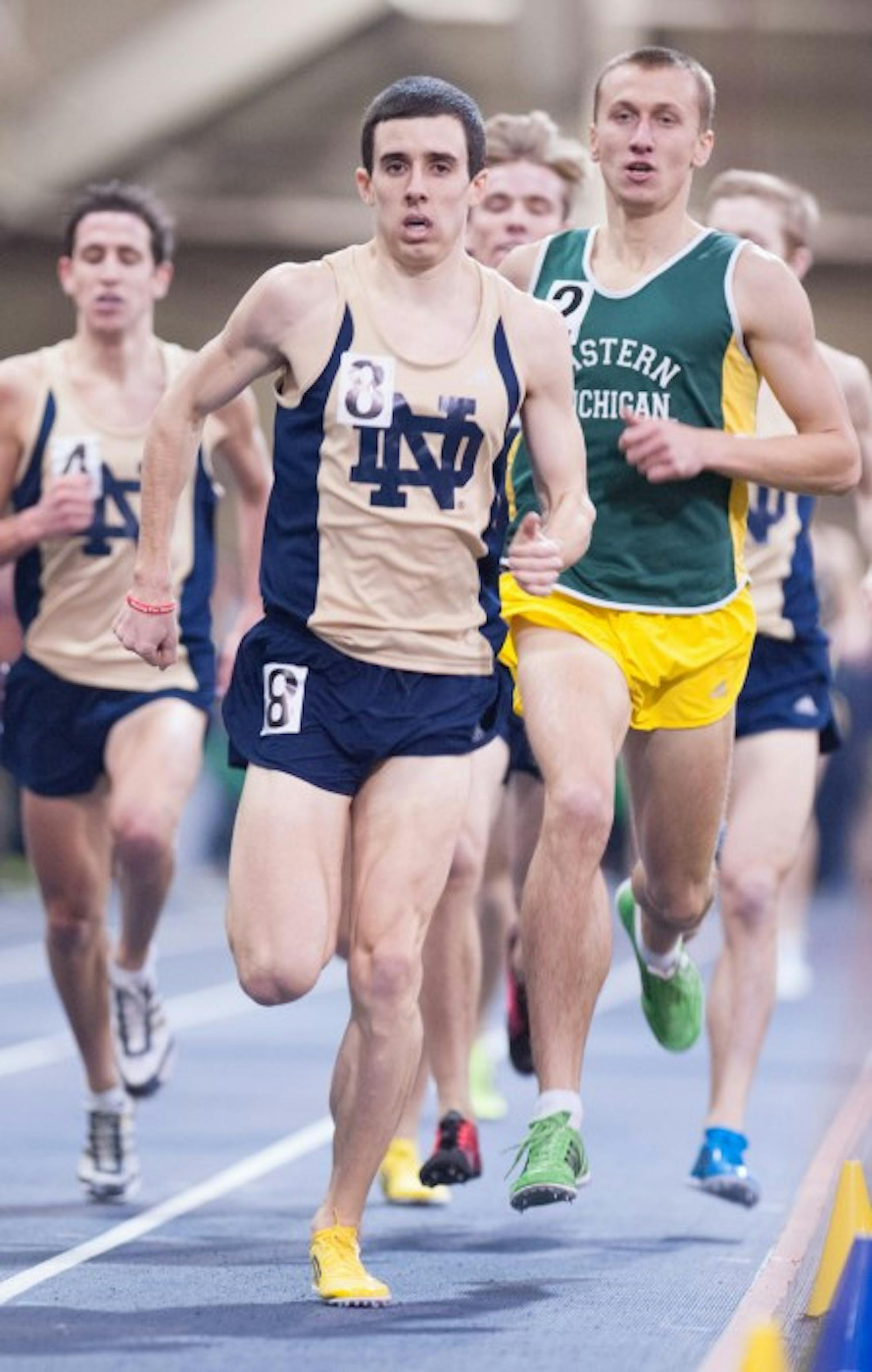 Former Irish All-American Jeremy Rae leads the field during the 2014 edition of the Meyo Mile on Feb. 7, 2014, at Loftus Sports Center. Rae won the race and set a school record at 3:57.25.
