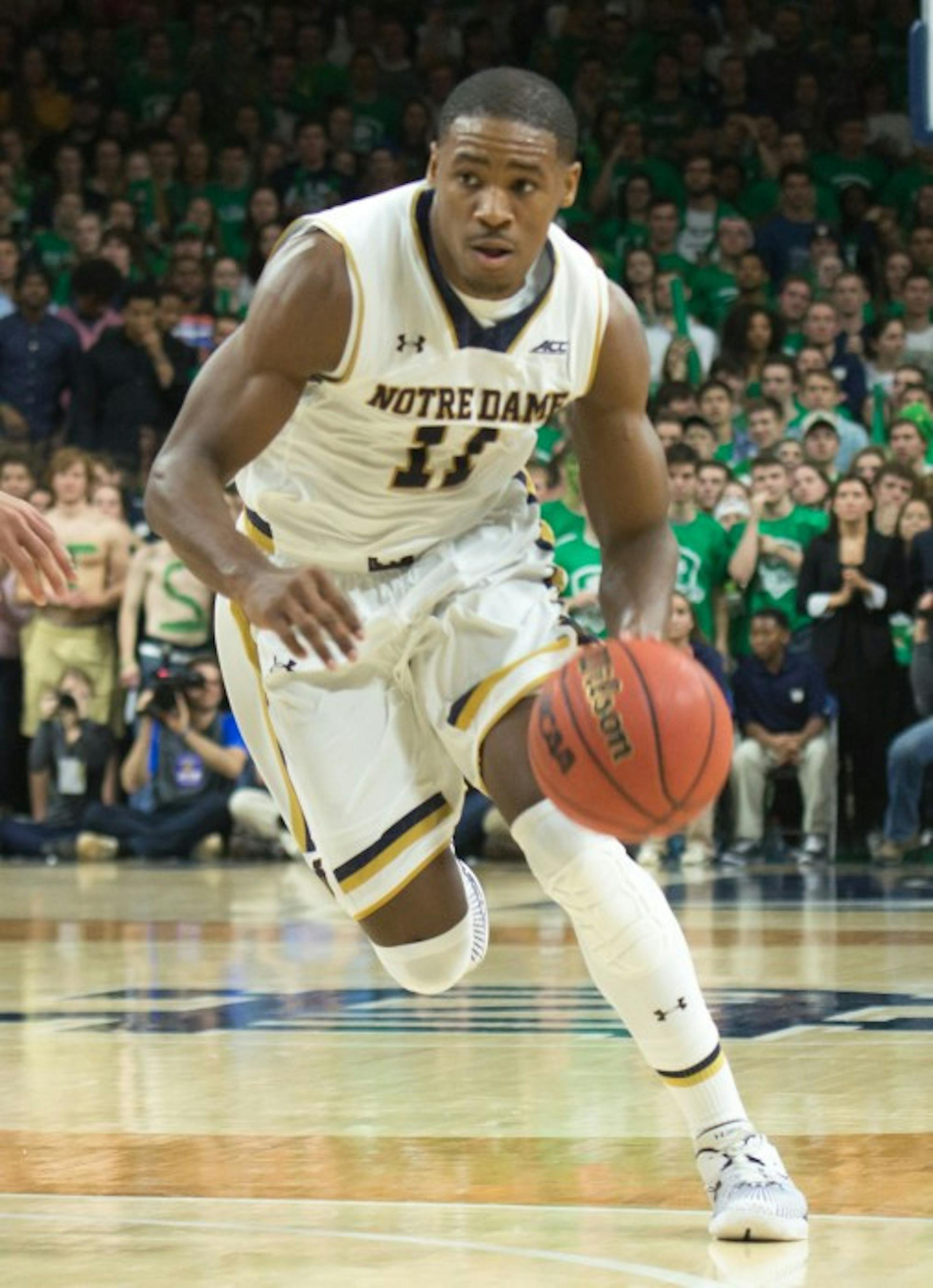 Junior guard and captain Demetrius Jackson drives toward the basket during Notre Dame's 77-73 victory over Duke on Jan. 28 at Purcell Pavilion.