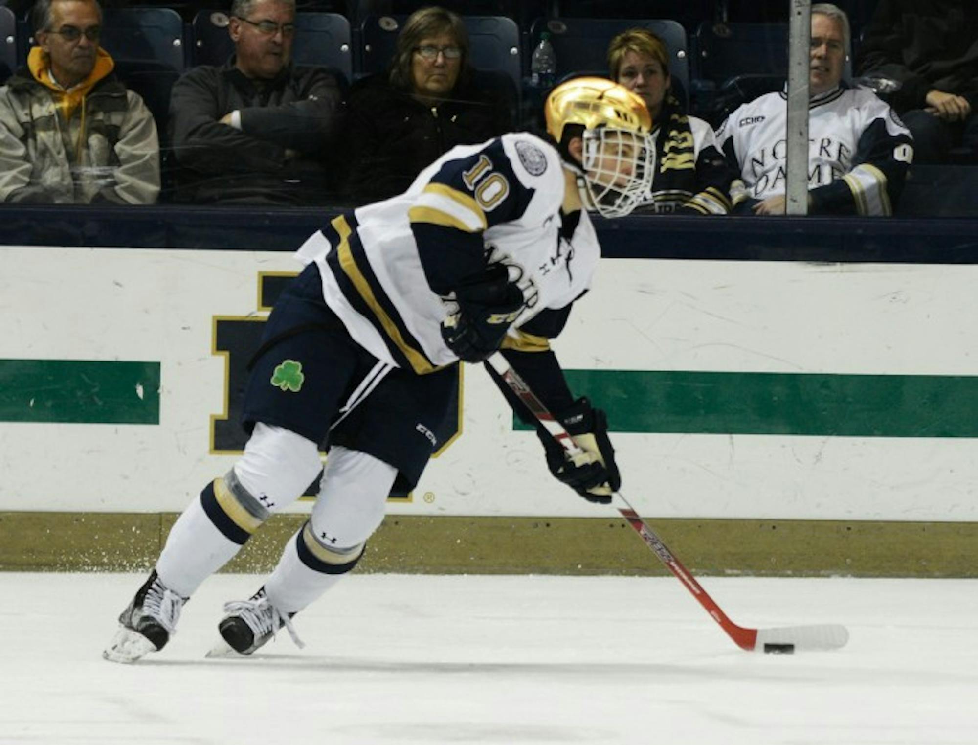 Irish sophomore left wing Anders Bjork carries the puck during Notre Dame’s 3-2 win over Northeastern on Nov. 12 at Compton Family Ice Arena. Notre Dame took 15 penalties in two games last weekend.