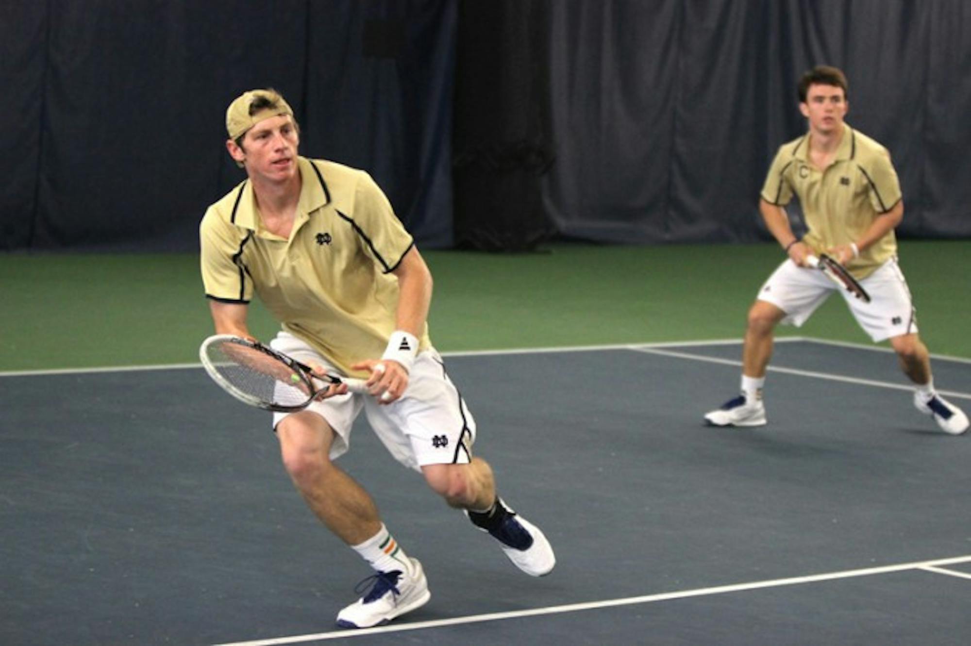 Irish sophomore Alex Lawson competes in a doubles match against MSU on Sunday. Notre Dame only lost one doubles match this weekend.