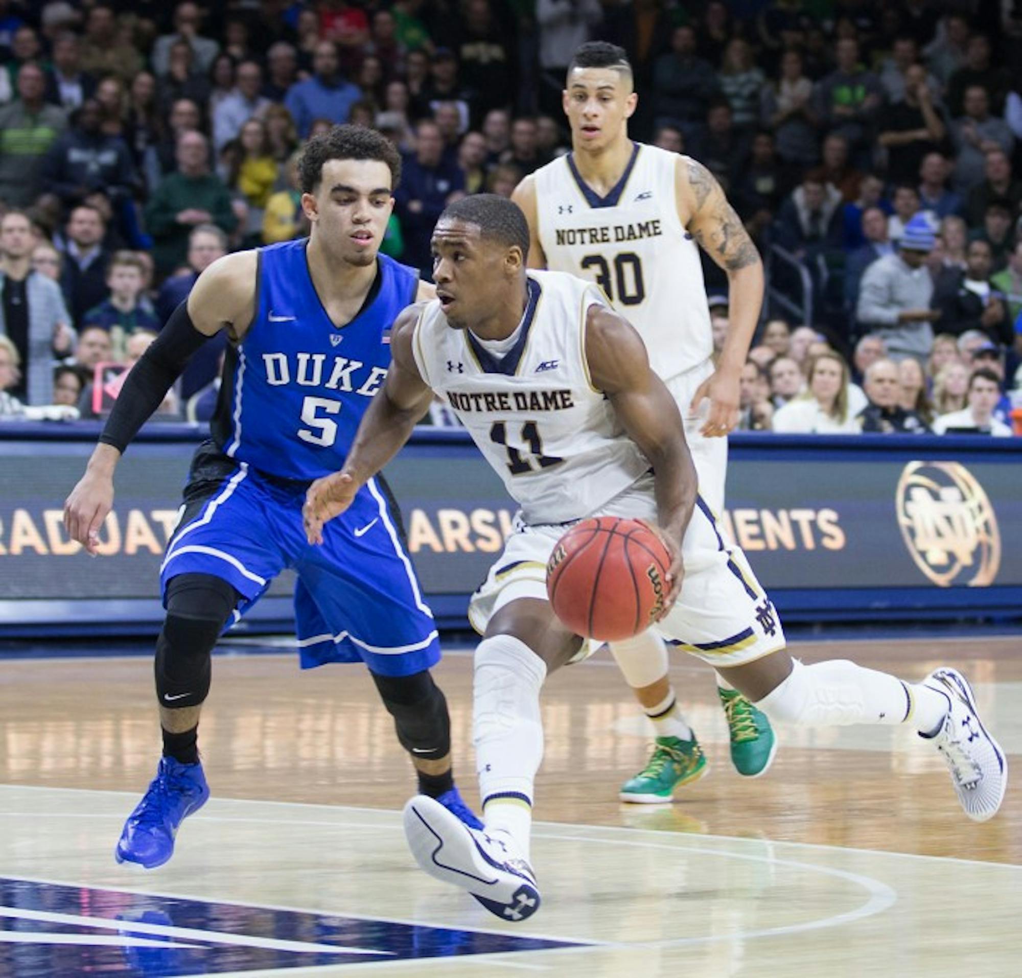 Irish sophomore guard Demetrius Jackson drives past a defender during Notre Dame’s 77-73 win over Duke on Wednesday.
