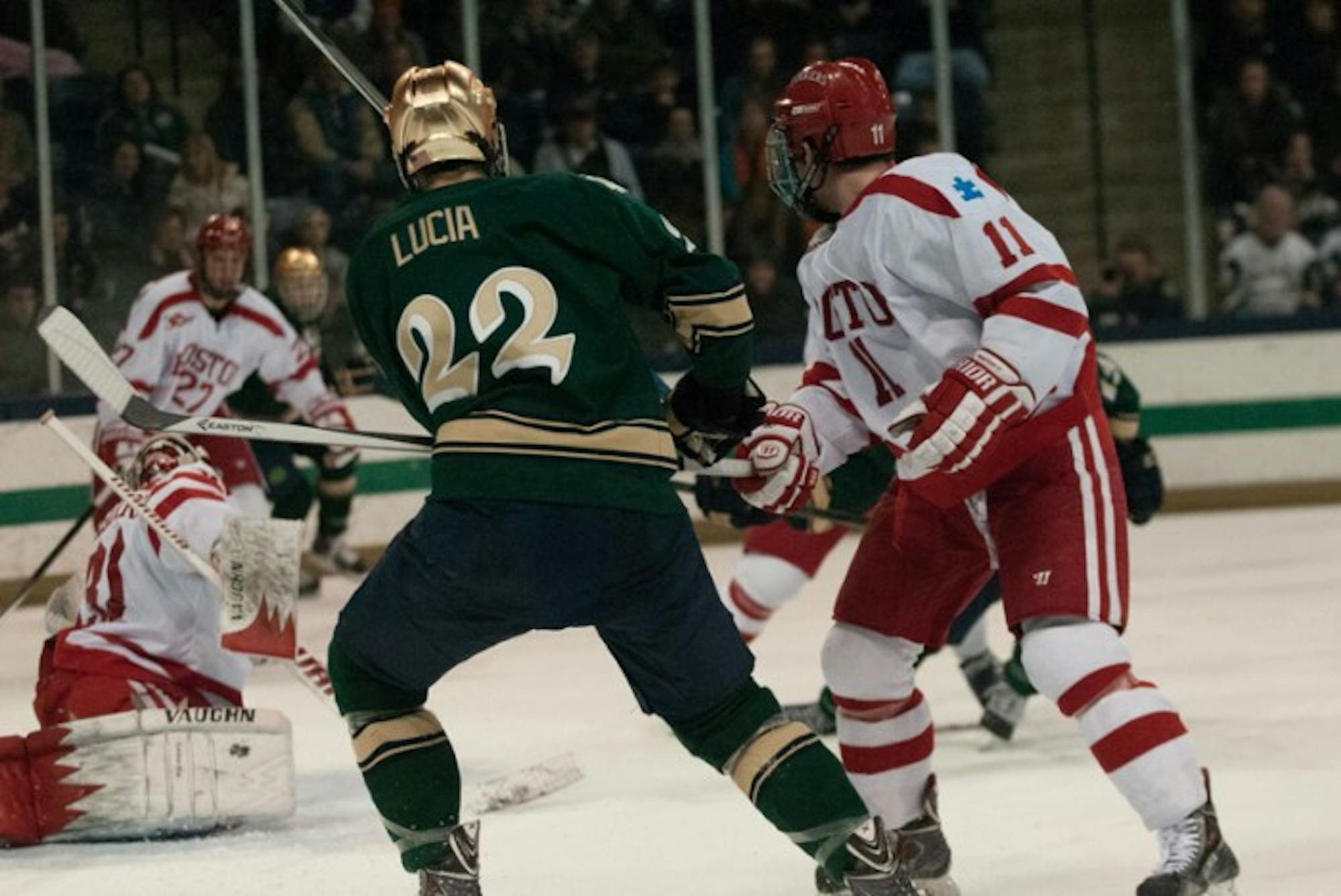 Irish sophomore forward Mario Lucia takes a shot during Notre Dame's 2-0 victory over Boston University on Feb. 22.