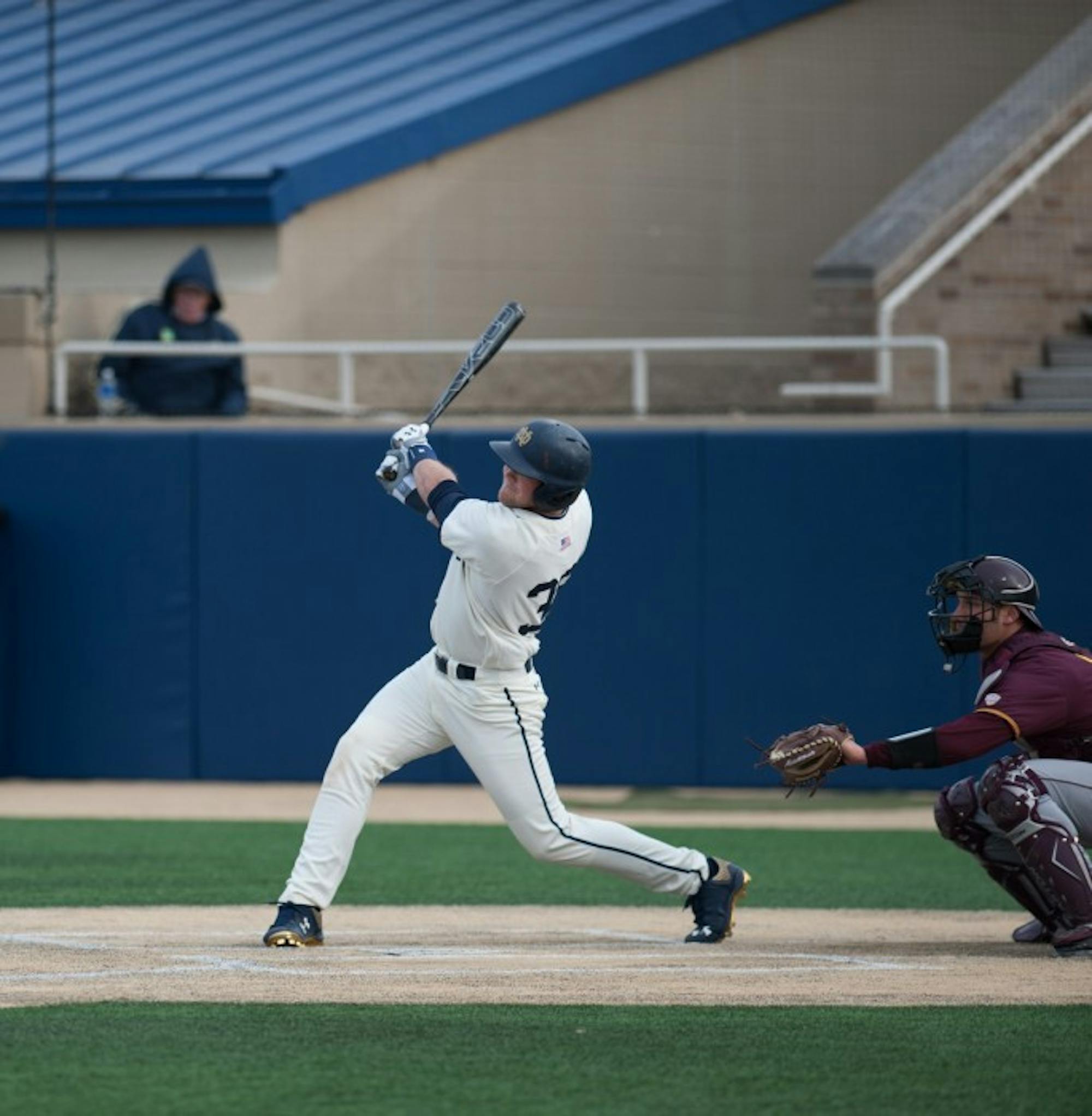 Sophomore catcher Ryan Lidge follows through on a swing during Notre Dame’s 8-3 win against Central Michigan on March 18.