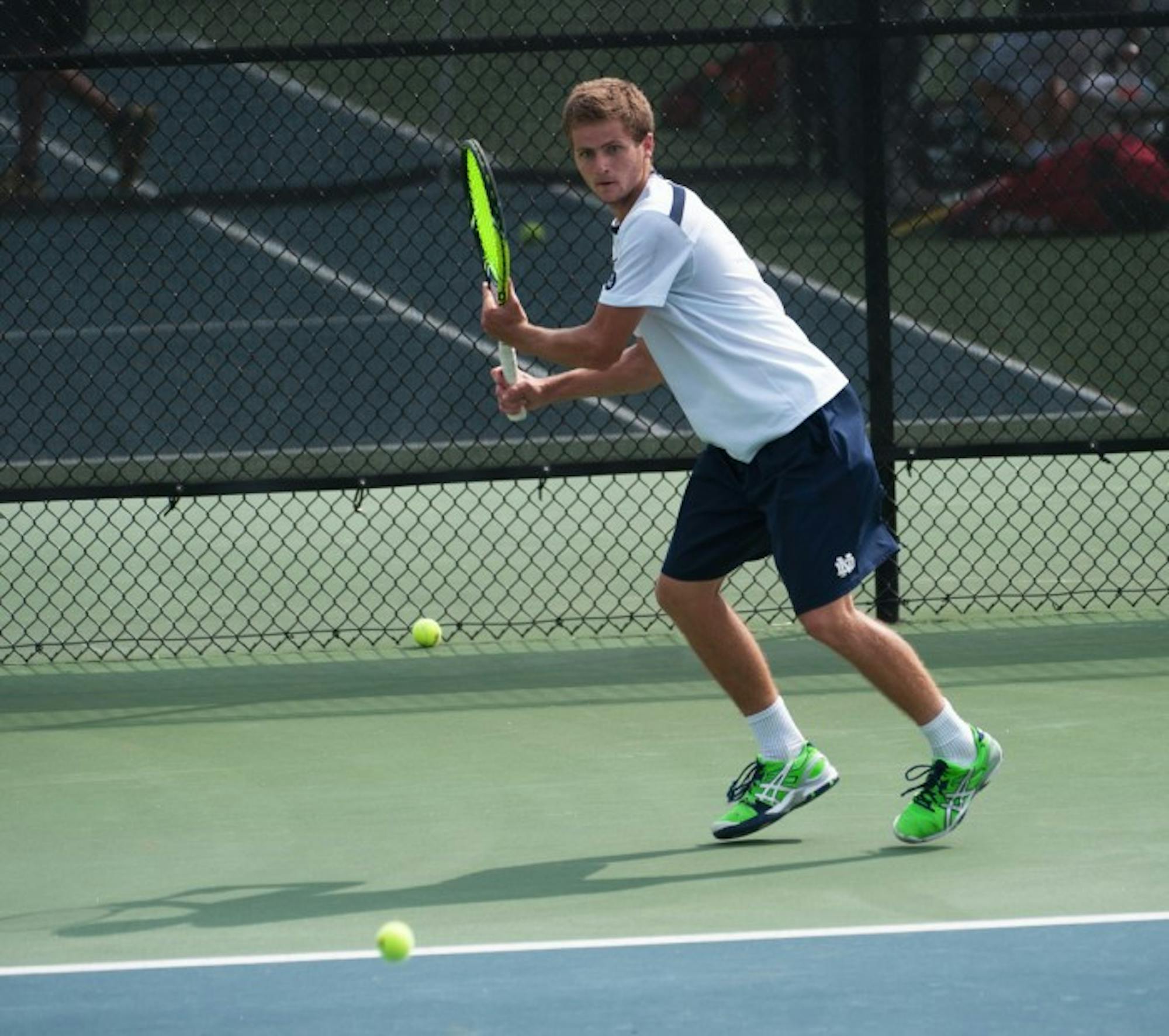 Irish senior Quentin Monaghan prepares to return the ball during Notre Dame’s 4-3 win over North Carolina State on April 18 at Eck Tennis Center.