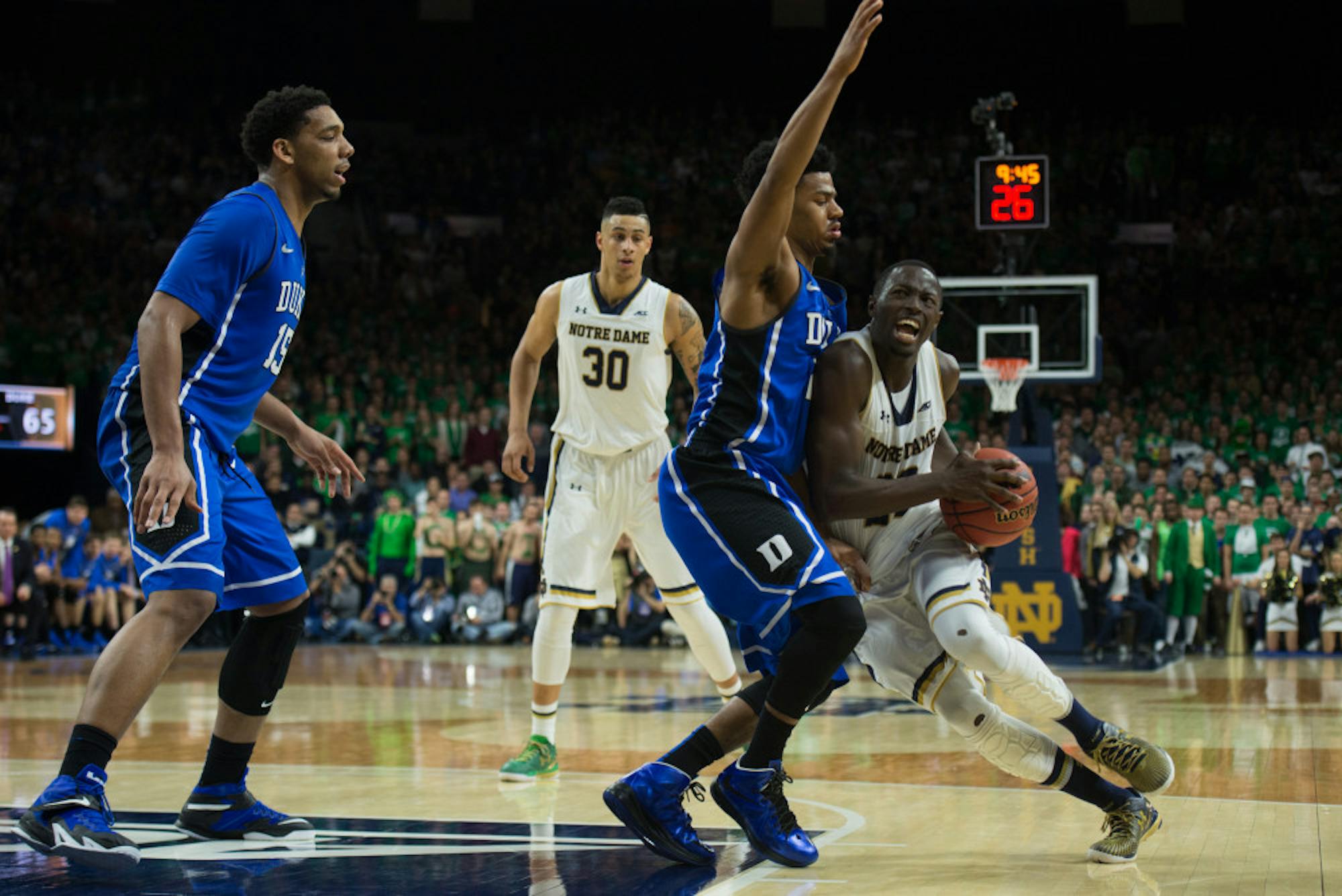 Irish senior guard Jerian Grant takes the ball to the hole during Notre Dame's 77-73 win over Duke on Wednesday at Purcell Pavilion.