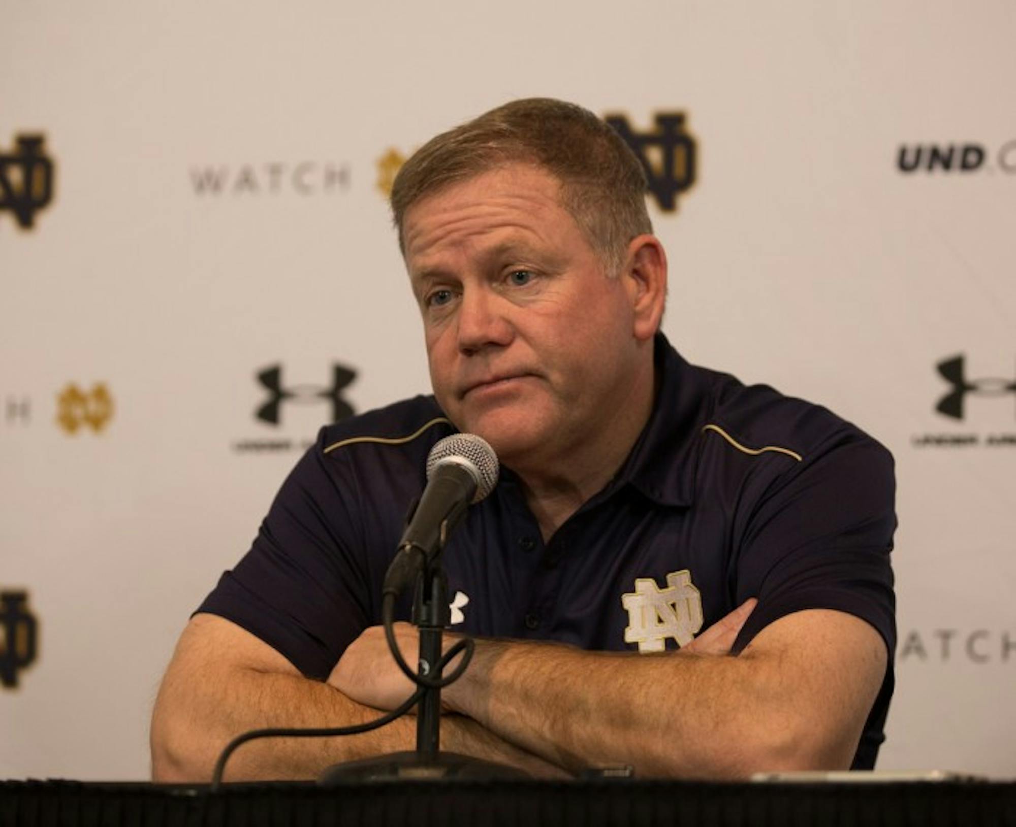 Irish coach Brian Kelly speaks to reporters after the Irish lost to USC, 49-14, on Nov. 29. Notre Dame will appear in the Franklin American Mortgage Music City Bowl against LSU in Nashville, Tennessee on Dec. 30.