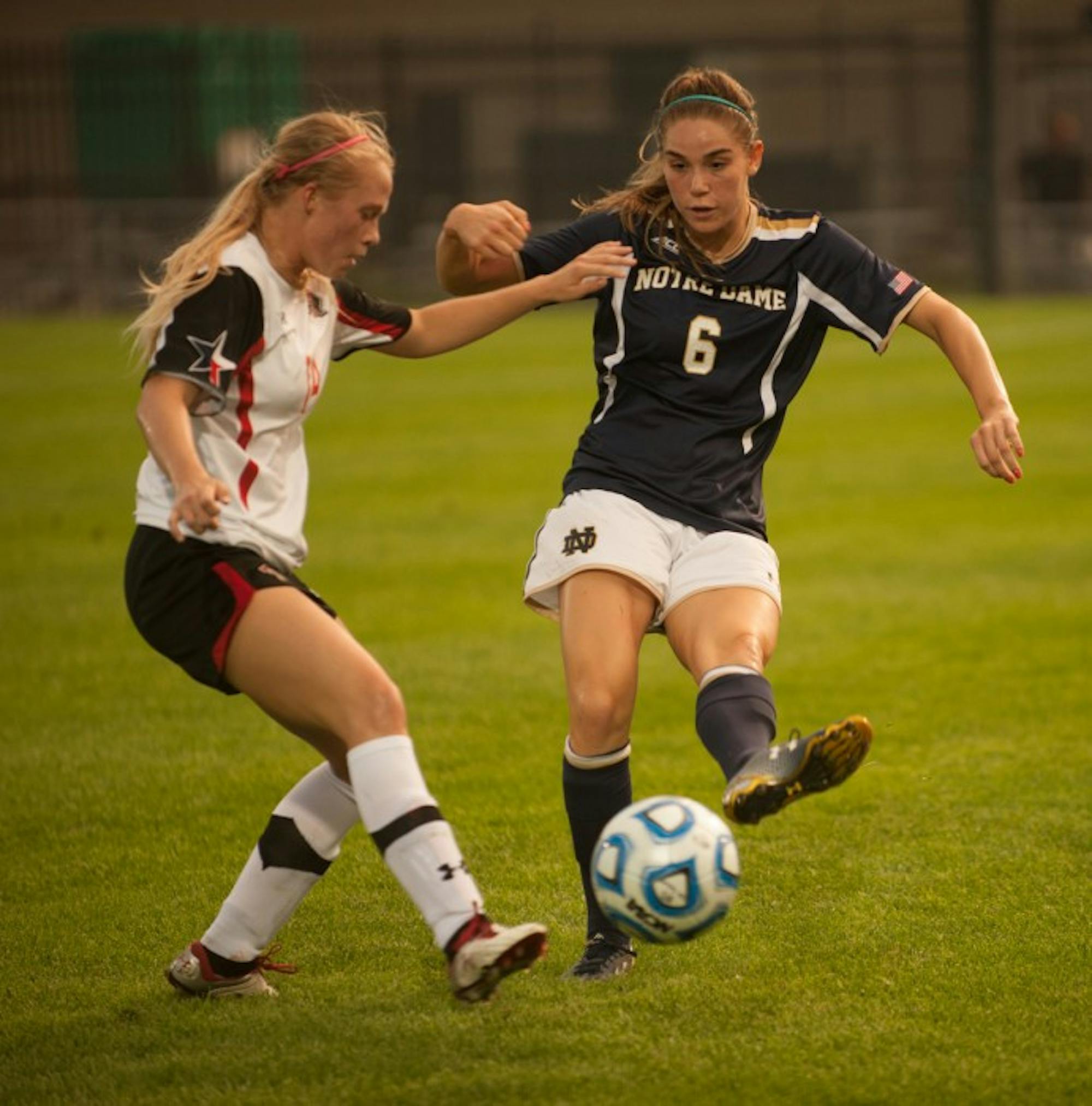 Irish junior forward Anna Maria Gilbertson evades a defender during Notre Dame's 2-1 loss to Texas Tech on Aug. 29.