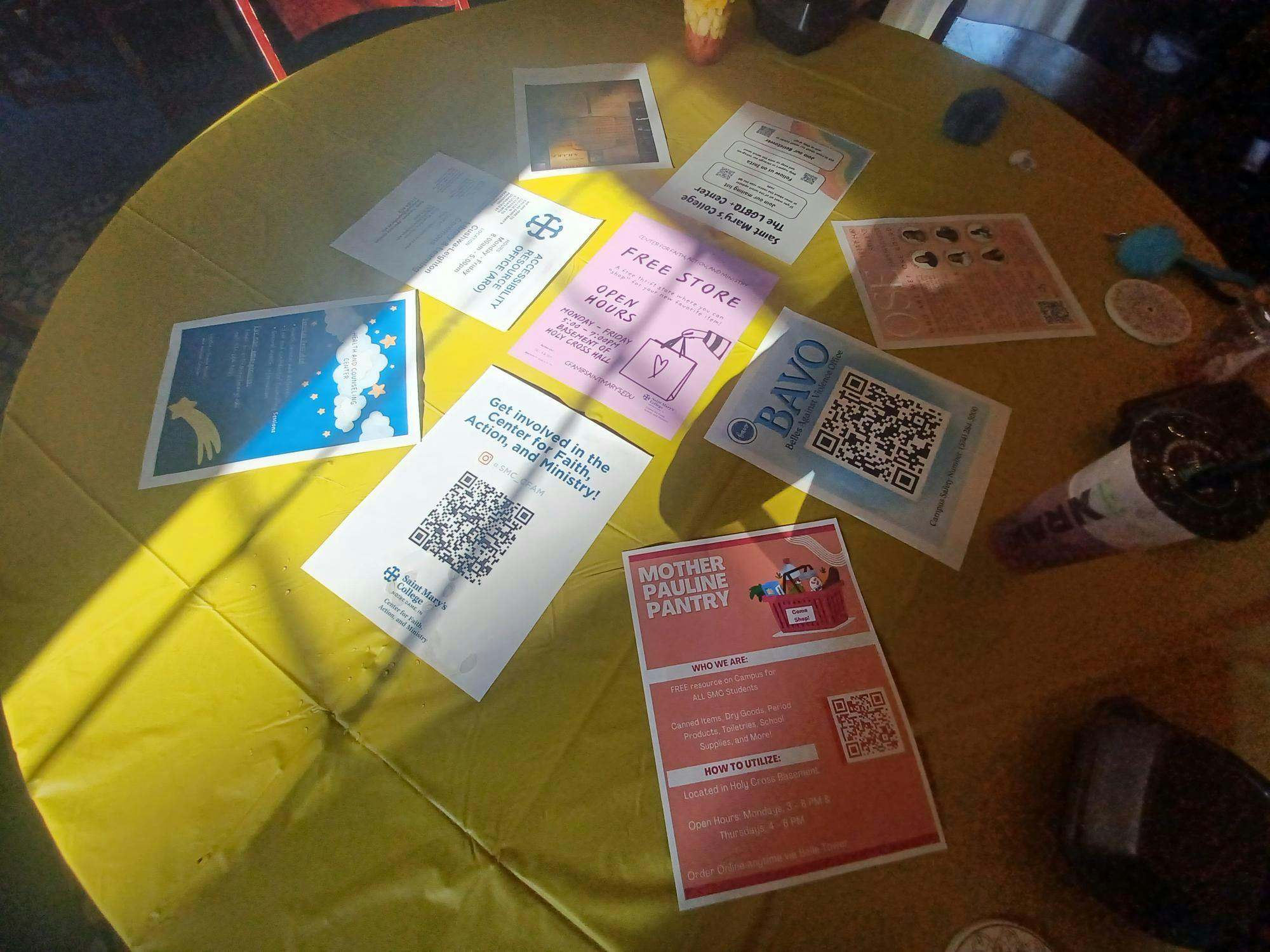 Flyers on tables for different campus resources.jpg