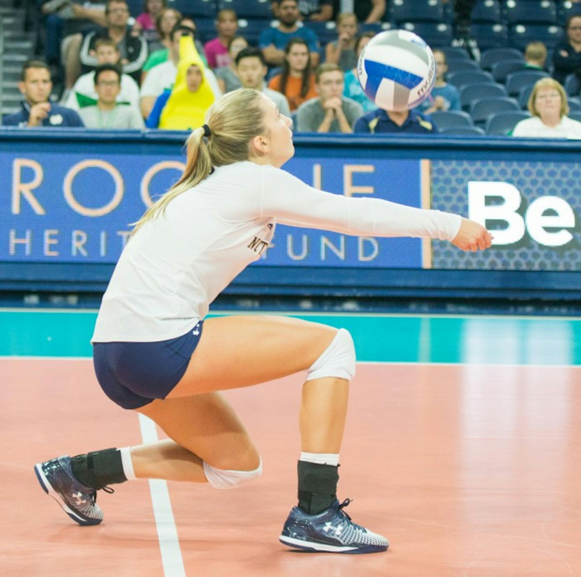 Sophomore libero Ryann DeJarld passes the ball in Notre Dame’s 3-0 loss to Coastal Carolina on Sept. 2 in the Shamrock Invitational at Purcell Pavilion. DeJarld was selected to the All-Tournament Team.