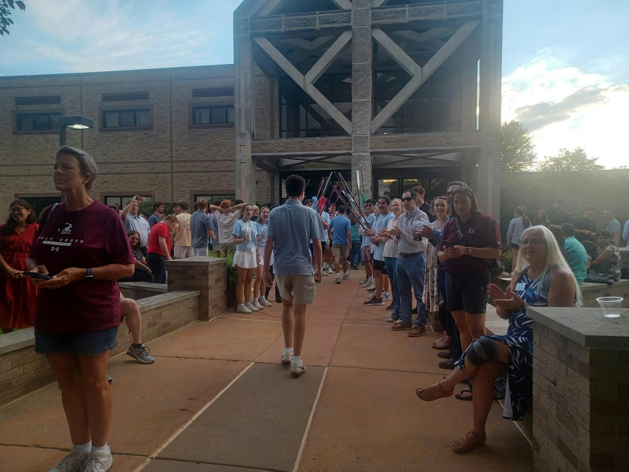 Freshman students walk through the welcome corridor