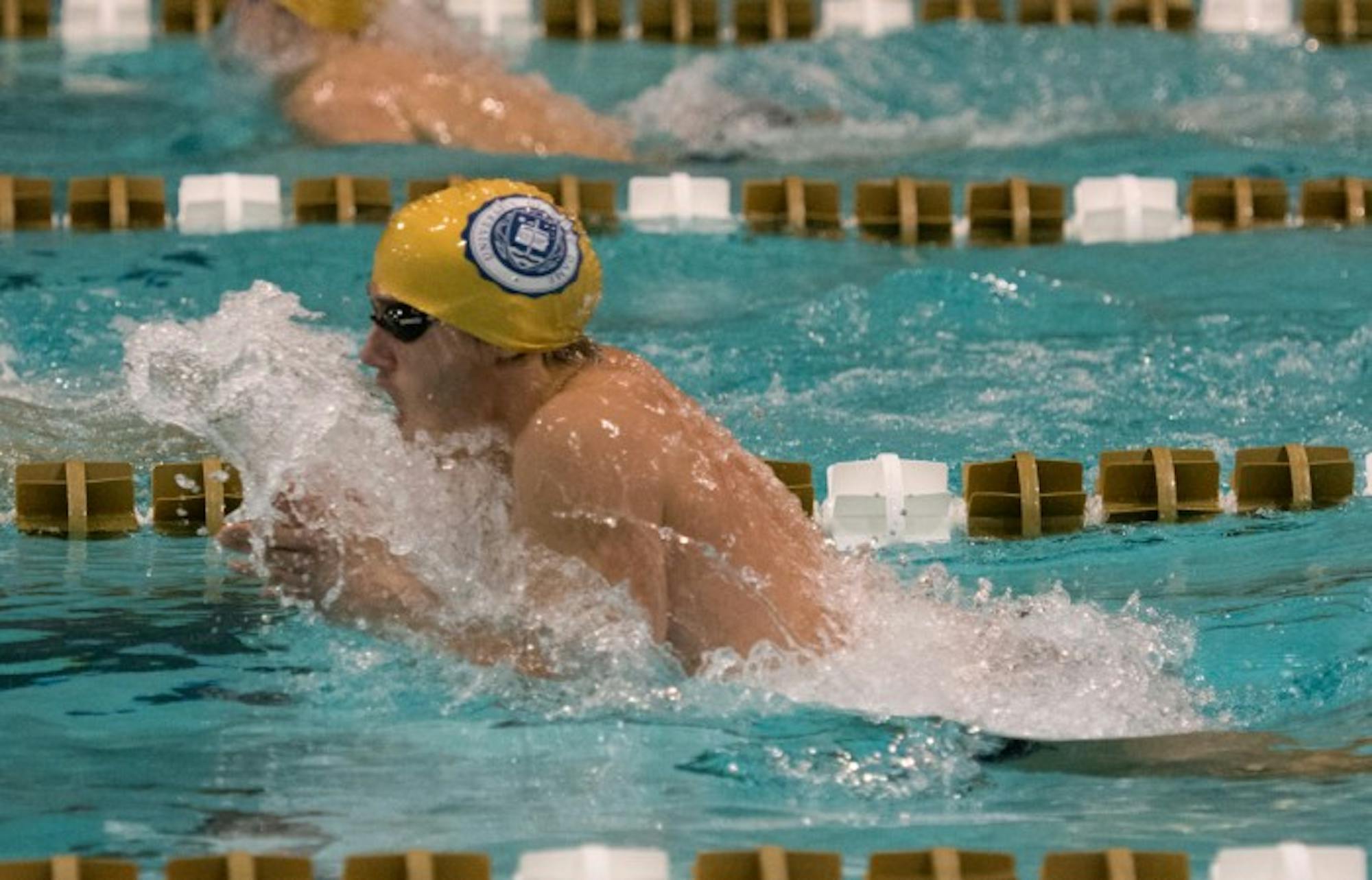 Irish senior Zach Stephens glides through the water in a breaststroke race against Purdue on Nov. 1. Notre Dame lost the meet , 161-139.