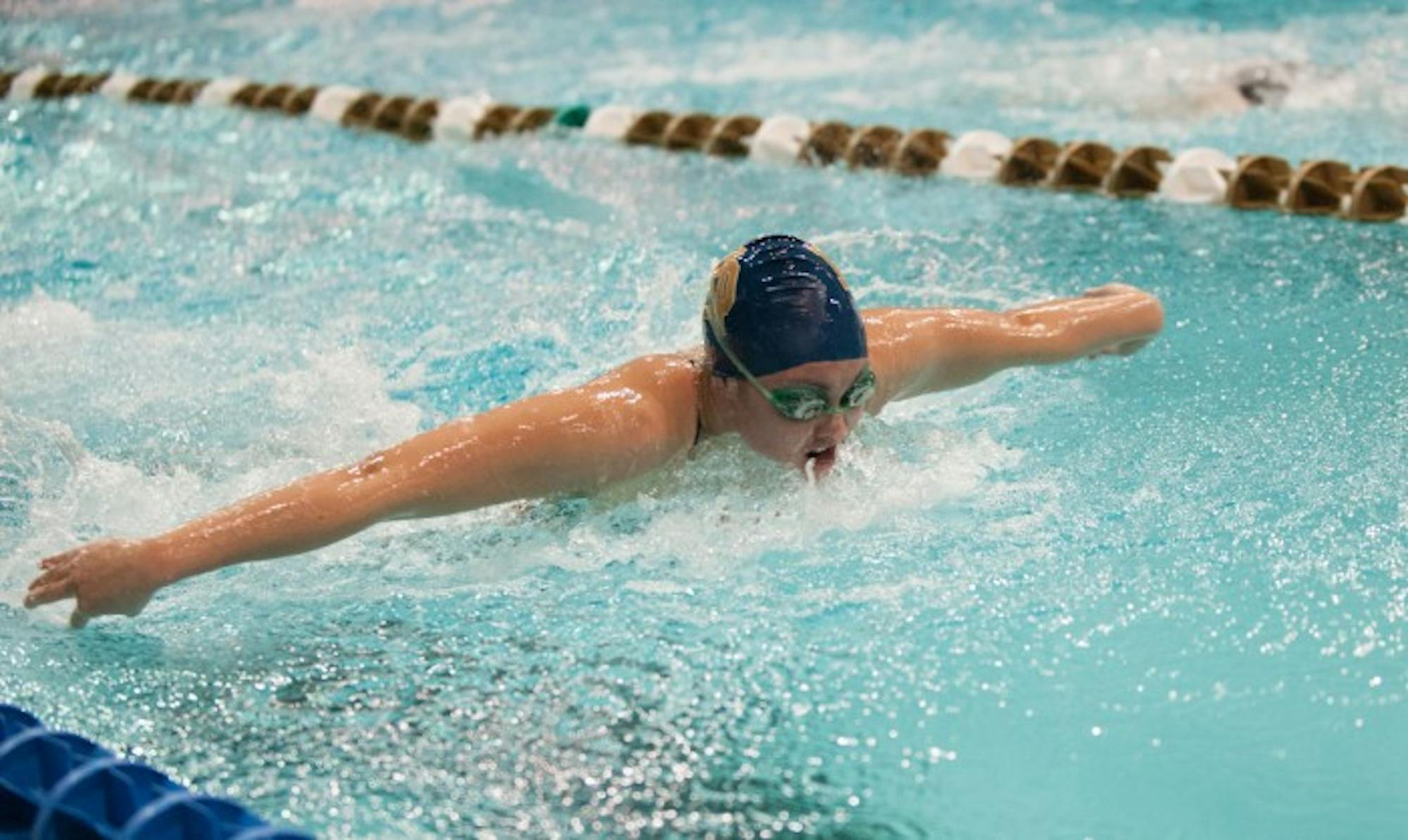 Irish sophomore Sherri McIntee competes in the 200-yard medley relay during the Shamrock  Invitational against Cleveland State on Feb. 7. McIntee finished with a time of 1:25.73.