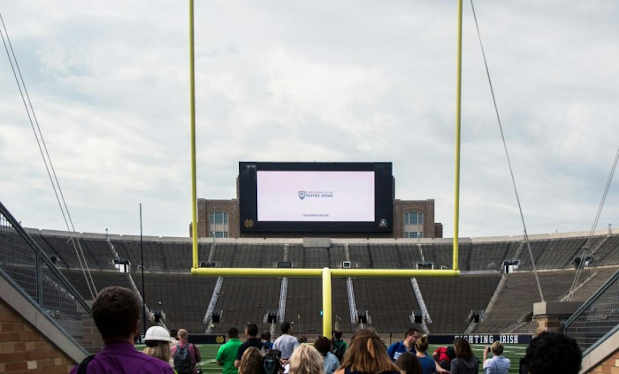 A 54 feet high by 96 feet wide video board is now located at the south end of Notre Dame Stadium. The video board will be used to show replays, highlight recognition ceremonies and tell Notre Dame stories.