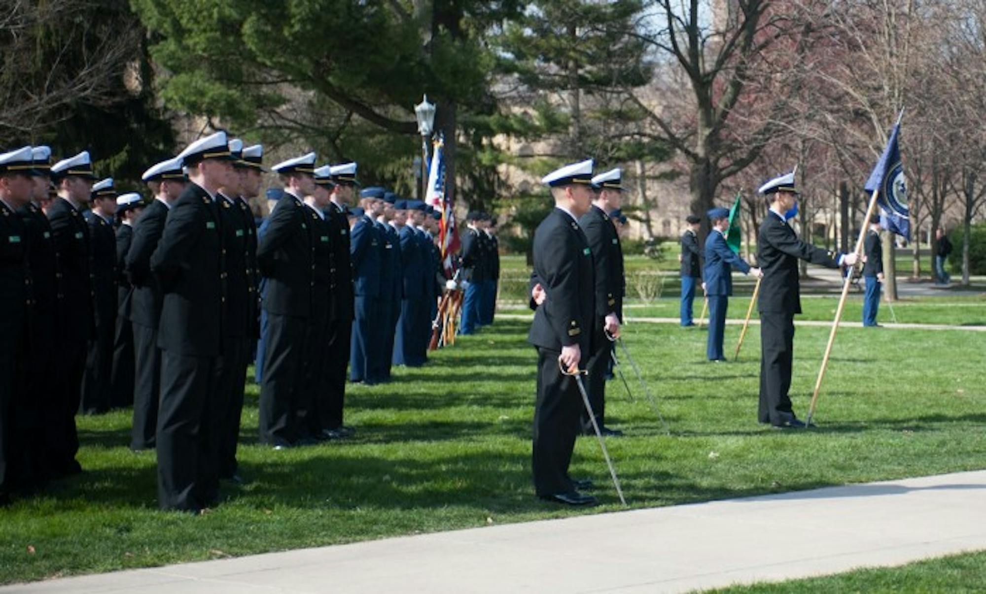 Reserve Office Training Corps (ROTC) students gathered Wednesday afternoon for the Pass-in-Review ceremony on South Quad.