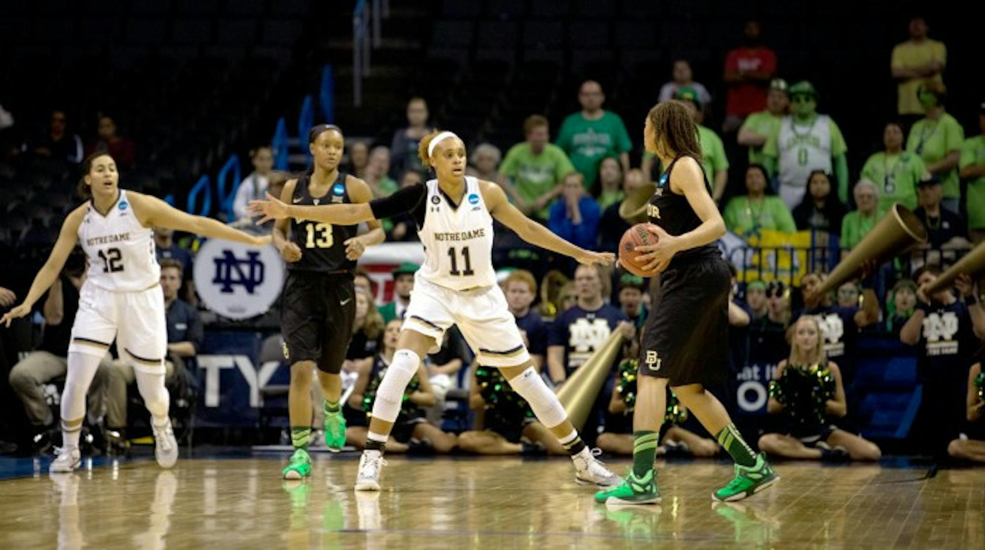 Sophomore forward Brianna Turner guards the lane Notre Dame’s 77-68 victory over Baylor in the 2015 NCAA tournament. Turner scored 21 points in the Irish 85-54 win over Bucknell on Sunday.