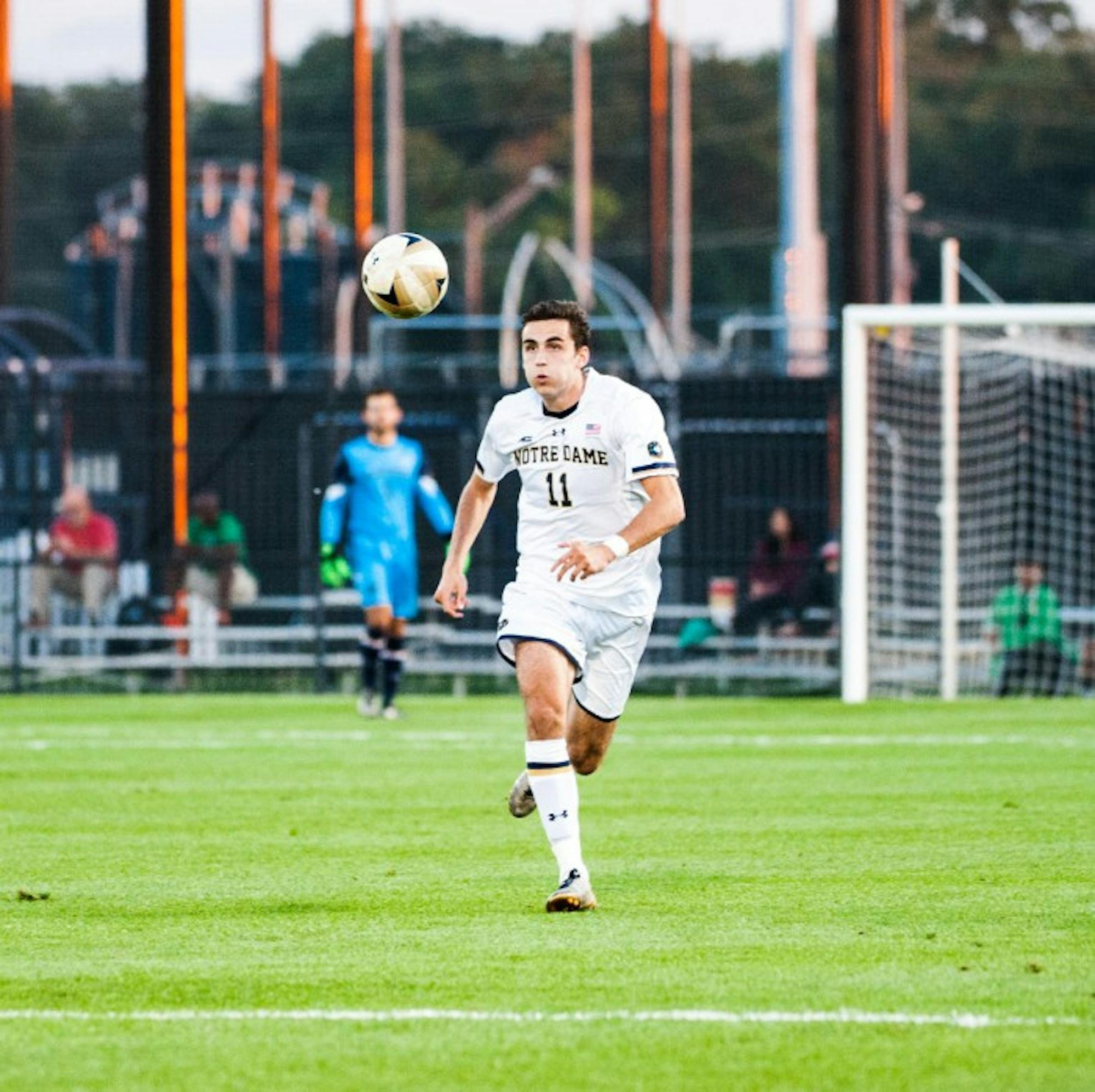 Sophomore defender Sean Dedrick runs after the ball in a game against Indiana on Oct. 4 at Alumni Stadium. The Irish won 4-0.