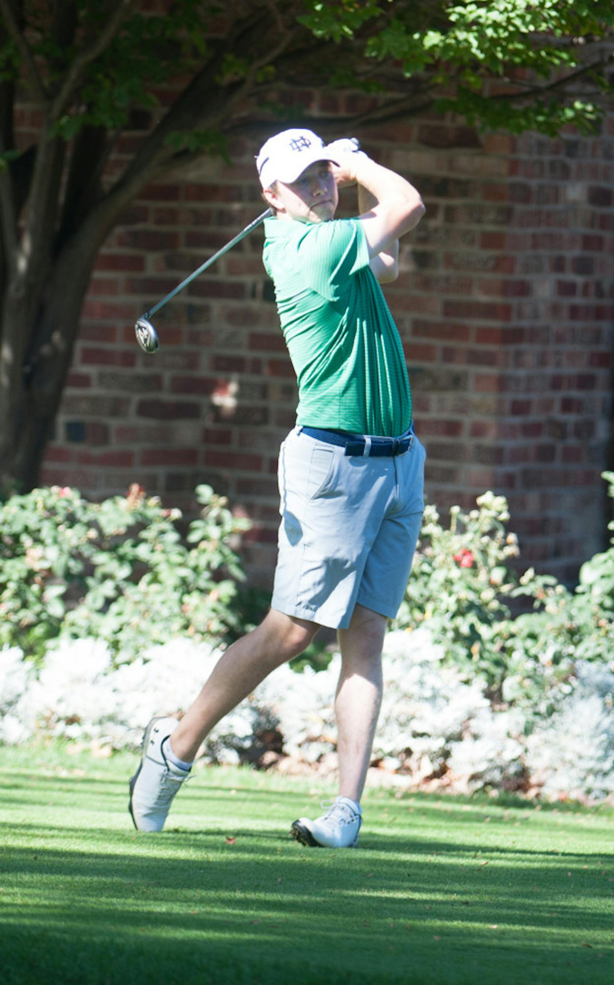 Irish junior Kevin Conners tees off win an iron during the Fighting Irish Classic on Sunday at Warren Golf Course.