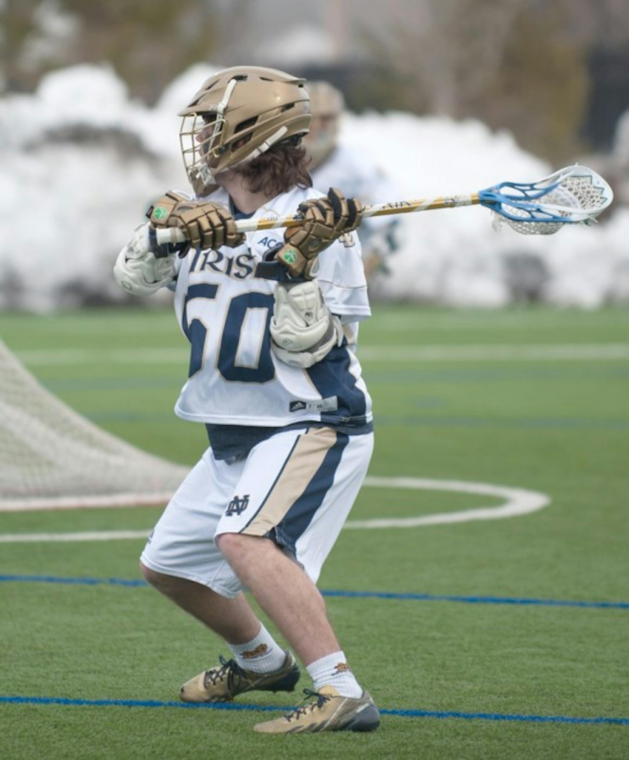 Sophomore attackman Matt Kavanagh looks to shoot in Notre Dame's 8-7 loss to Penn State on Feb. 22. Kavanagh tied a team record with seven goals Tuesday against Ohio State.