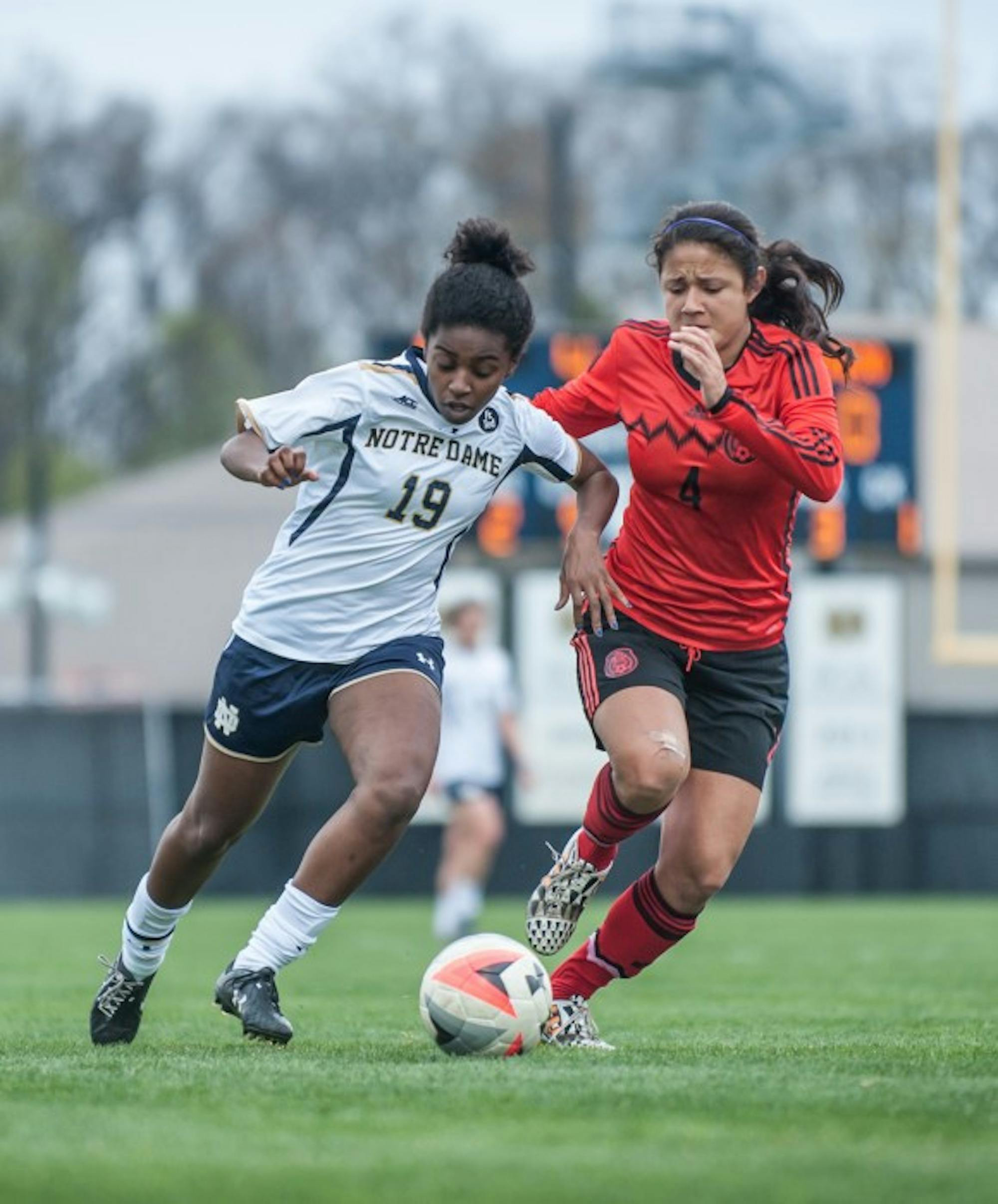 Notre Dame junior midfielder Rilka Noel protects the ball from a defender during a 4-1 victory against the Mexico U-20 National Team on April 24 at Alumni Stadium.