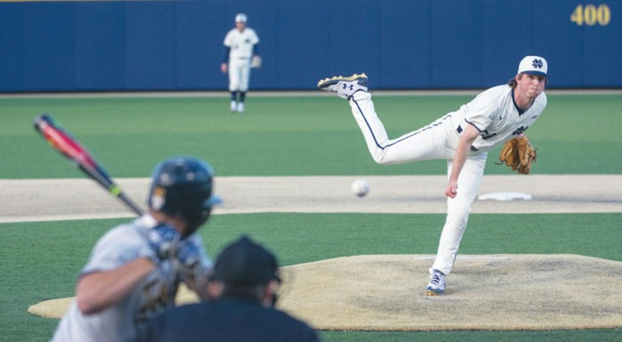 Irish freshman Patrick McDonald throws a pitch during Notre Dame’s 8-3 win over Toledo on April 12 at Frank Eck Stadium.