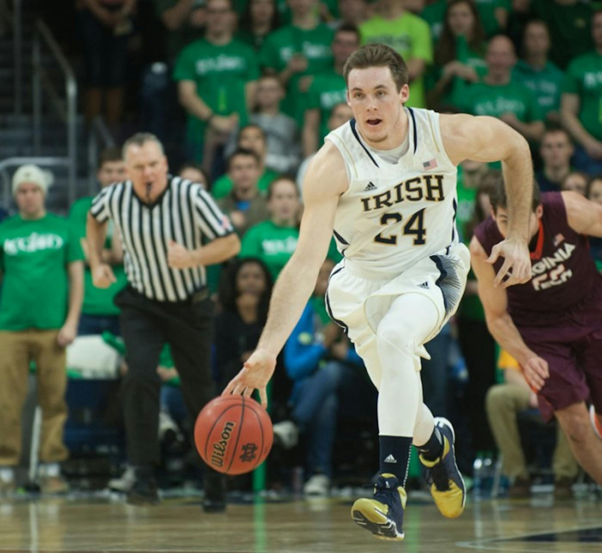 Irish junior guard/forward Pat Connaughton leads the break during Notre Dame’s 70-63 victory over Virginia Tech. Connaughton finished the game with 21 points and eight rebounds, while averaging 14.1 points per game and 7.3 rebounds per game this season.