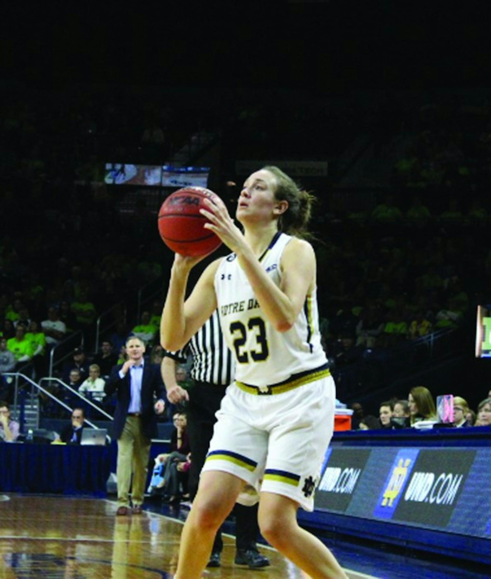 Irish senior guard Michaela Mabrey readies to shoot a 3-pointer during Notre Dame’s 70-58 victory over Boston College on Saturday at Purcell Pavilion. Mabrey was one of three players honored on Senior Night.