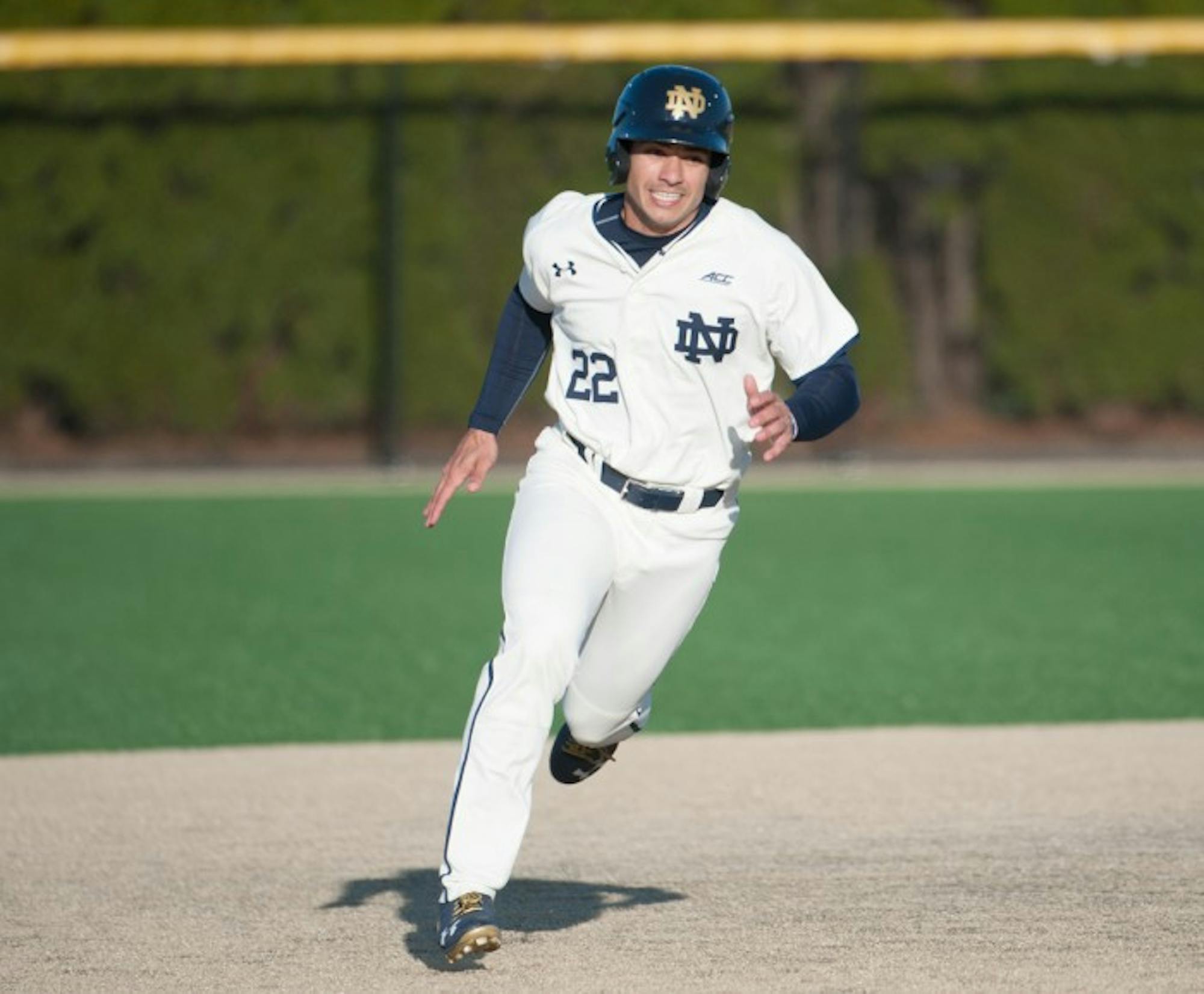 Irish senior left fielder Ricky Sanchez rounds second base during Notre Dame’s 4-1 win over Boston College on Friday at Frank Eck Stadium. Sanchez leads Notre Dame with a .344 batting average.