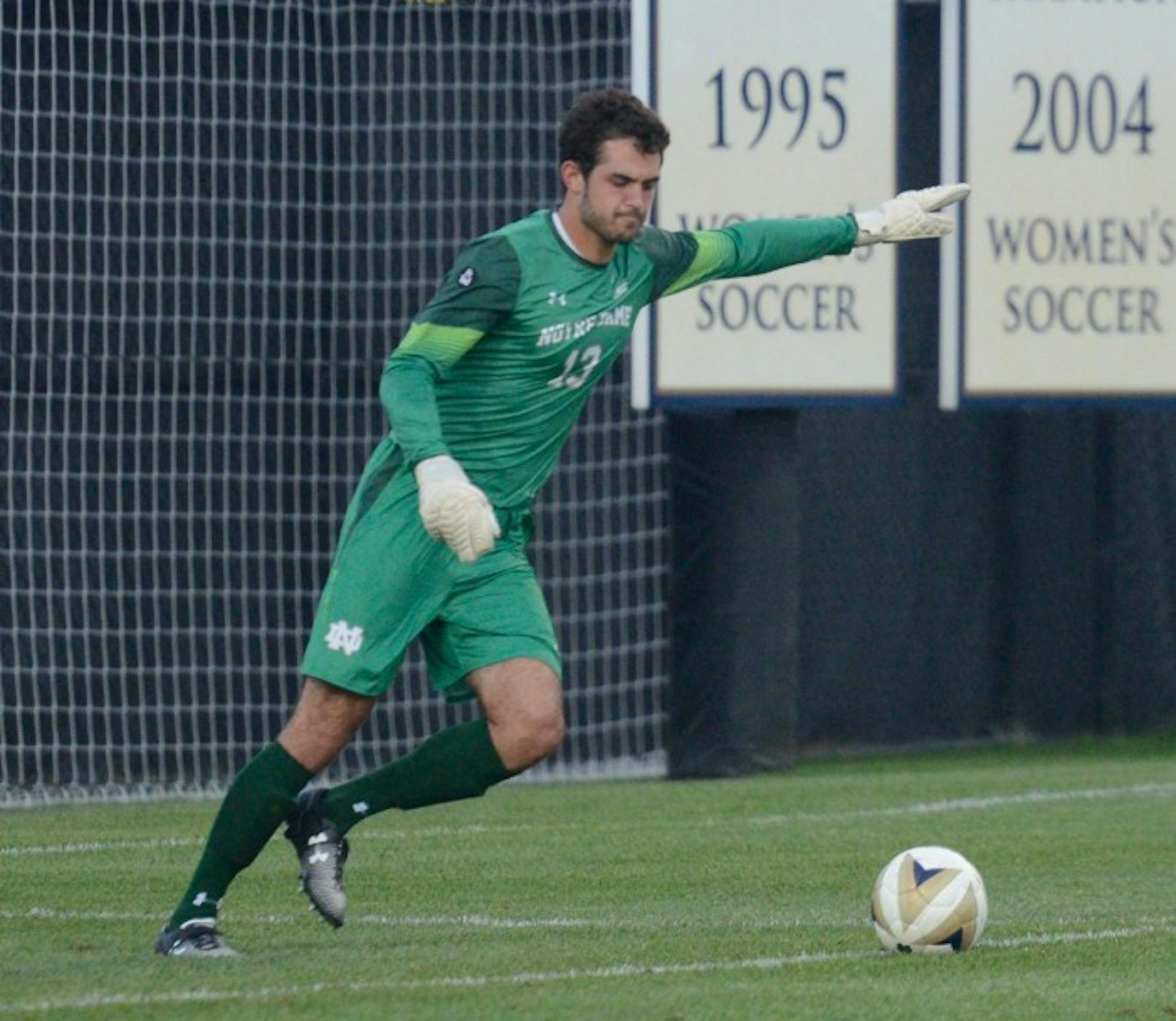 Irish junior goalkeeper Chris Hubbard approaches a goal kick during Notre Dame’s 2-0 victory over South Florida on Sept. 4 at Alumni Stadium. Hubbard has yet to allow a goal this season.