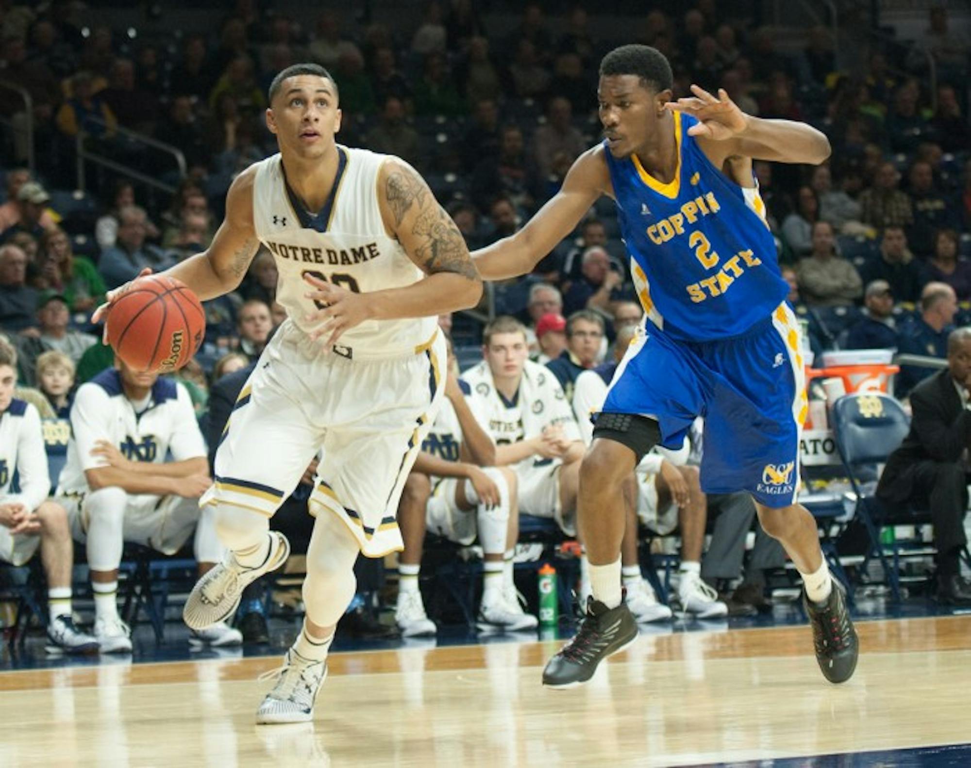 Irish junior forward Zach Auguste prepares to drive into the lane during Notre Dame’s 104-67 rout over Coppin State on Wednesday night at Purcell Pavilion. Auguste had 21 points in the game.