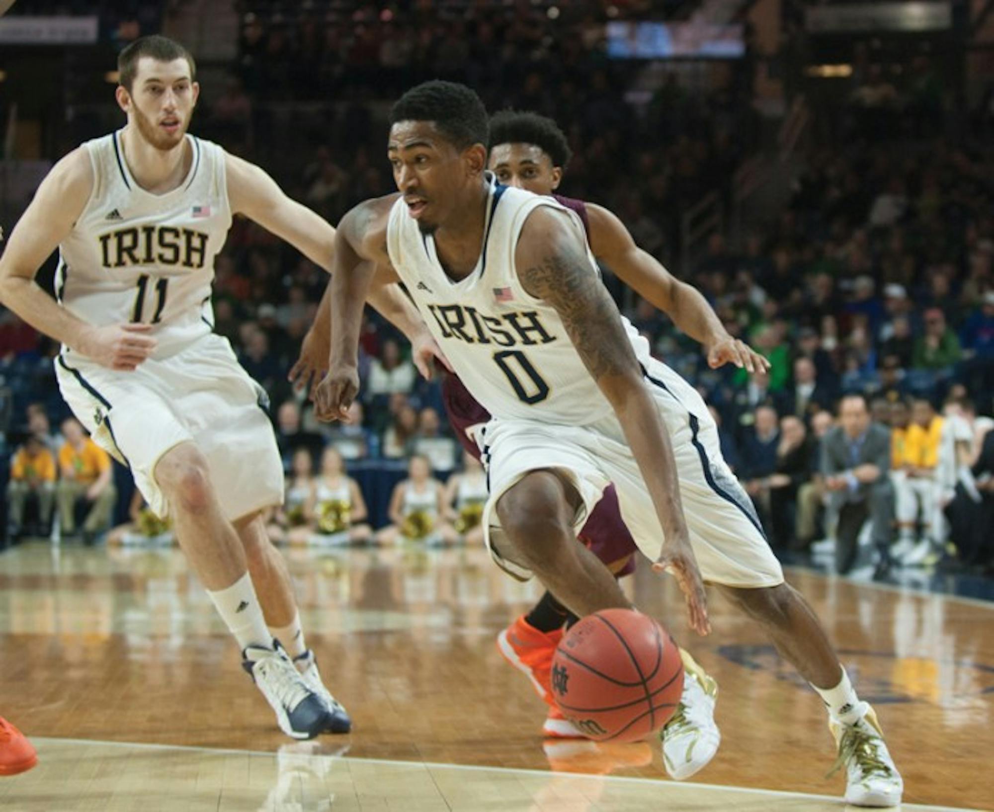Irish senior guard Eric Atkins drives during Notre Dame’s 70-63 win over Virginia Tech on Jan. 19, the team’s only win in its last six games.