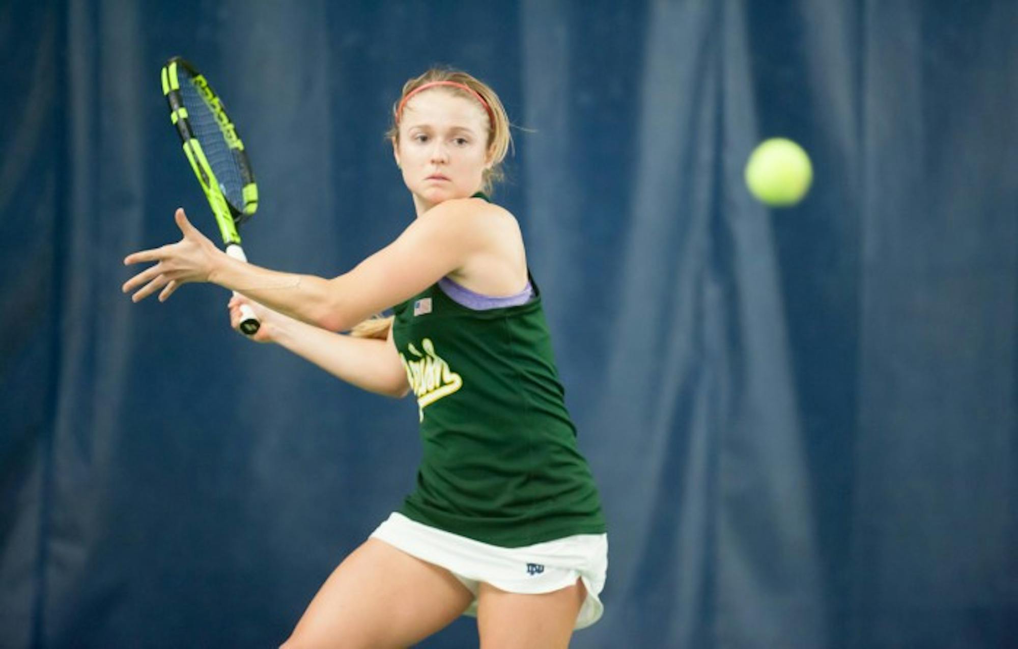 Irish senior Monica Robinson prepares to hit a forehand during Notre Dame's 5-2 win over Purdue on Feb. 22 at Eck Tennis Pavilion.