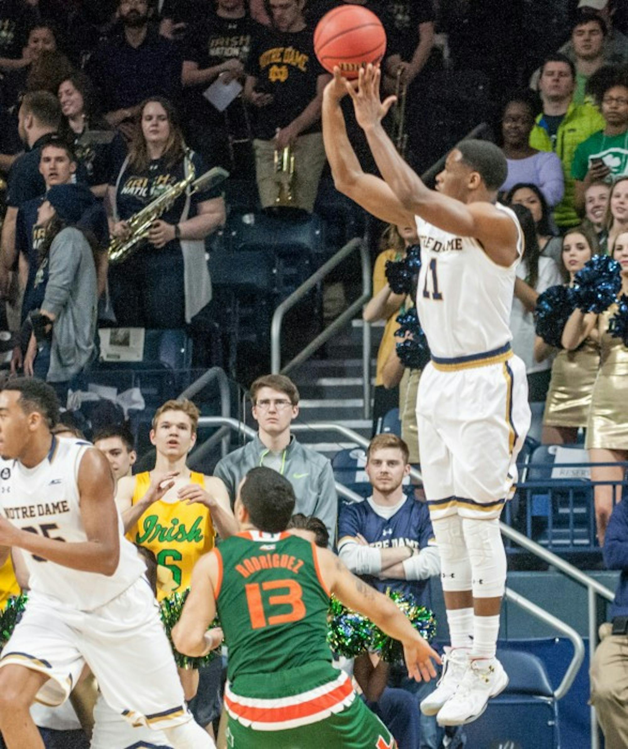 Junior guard Demetrius Jackson shoots a three-pointer in Notre Dame’s 68-50 loss to Miami at Purcell Pavlion.