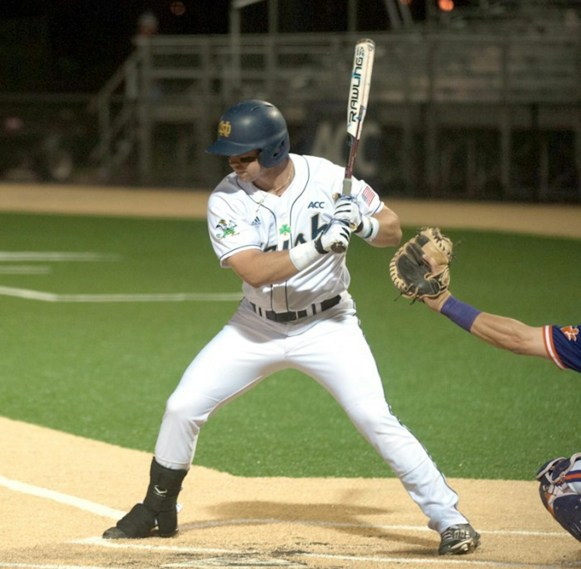 Junior first baseman Blaise Lezynski takes a pitch during the 2-1 Irish victory against Clemson on May 9 at Frank Eck Stadium.