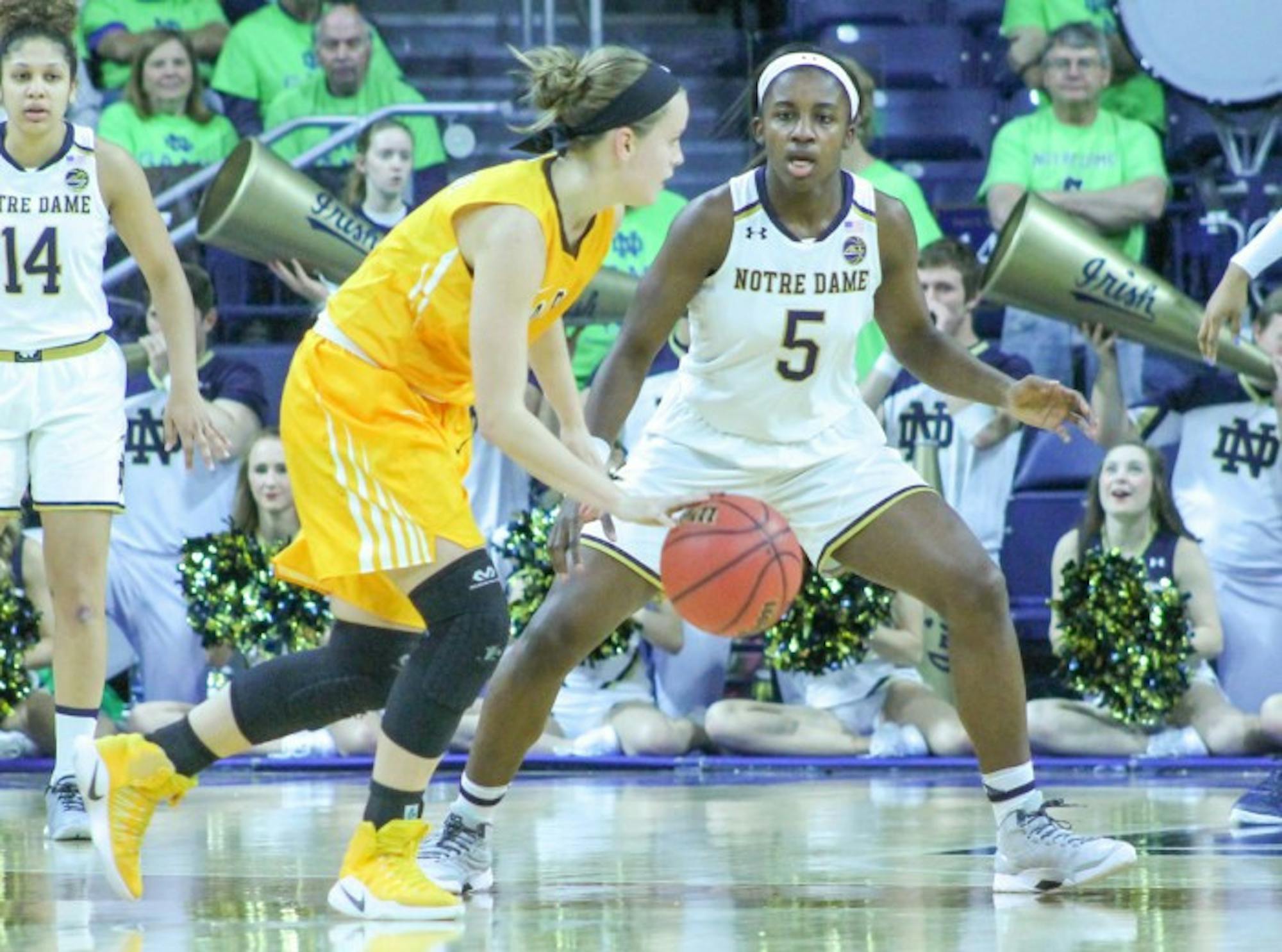 Irish freshman guard Jackie Young defends the opposing ballhandler during Notre Dame’s 114-54 win over Valparaiso on Sunday at Purcell Pavilion. Young led the Irish in points and steals in the victory.