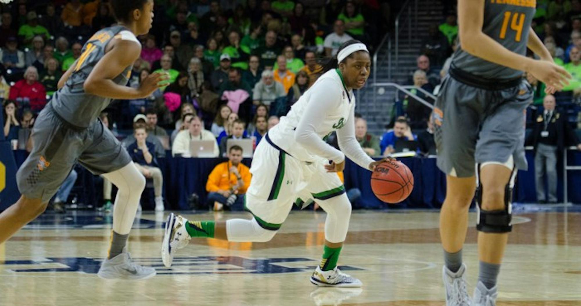 Irish freshman guard Arike Ogunbowale dribbles upcourt during Notre Dame’s 79-66 victory over Tennessee on Jan. 24 at Purcell Pavilion. Ogunbowale scored 15 points, grabbed six rebounds and dished out two assists during Notre Dame’s 80-41 win over Virginia Tech on Sunday.