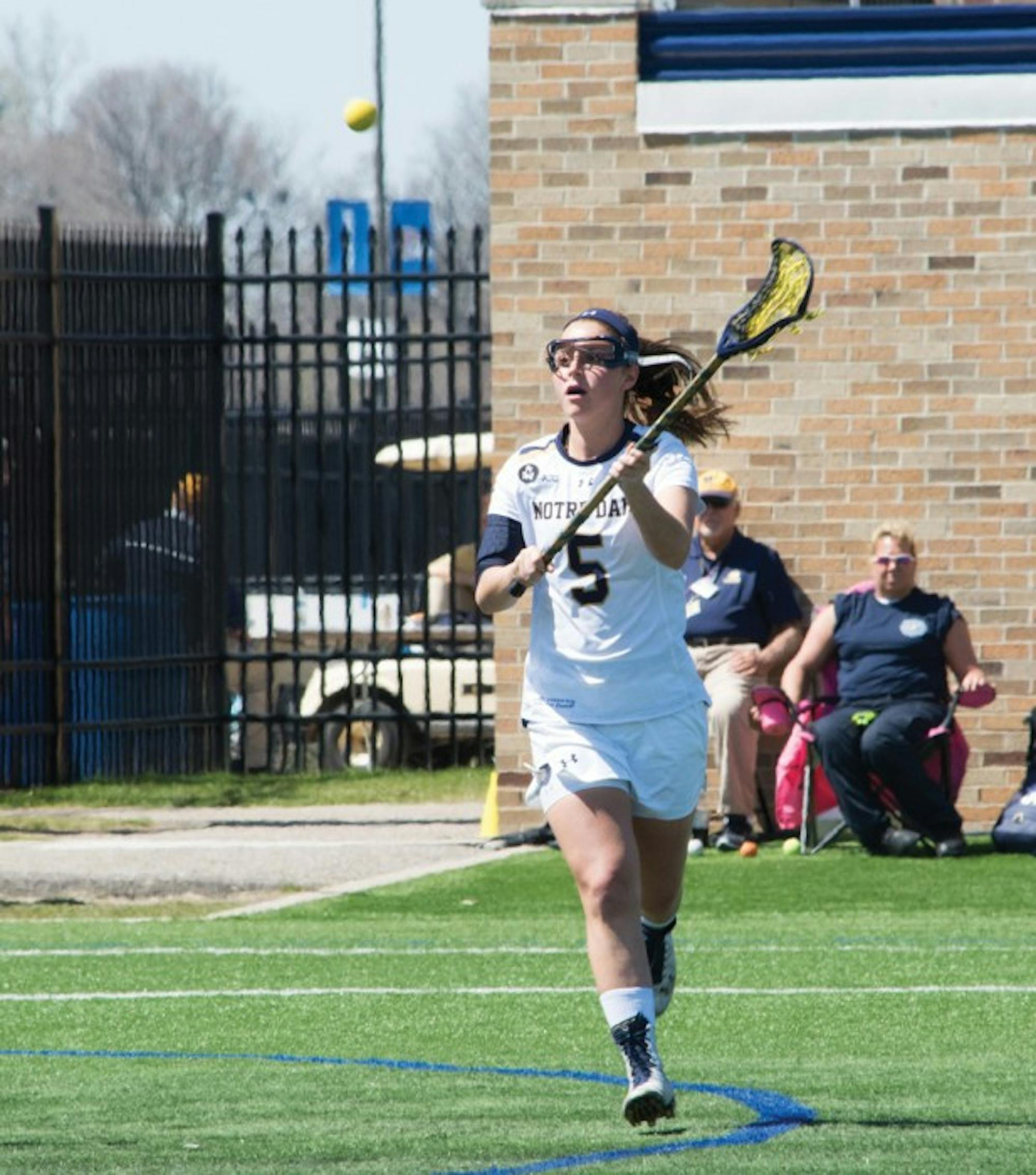 Senior attack Rachel Sexton looks to receive a pass during Notre Dame’s 10-9 victory over Duke on Saturday at Arlotta Stadium.