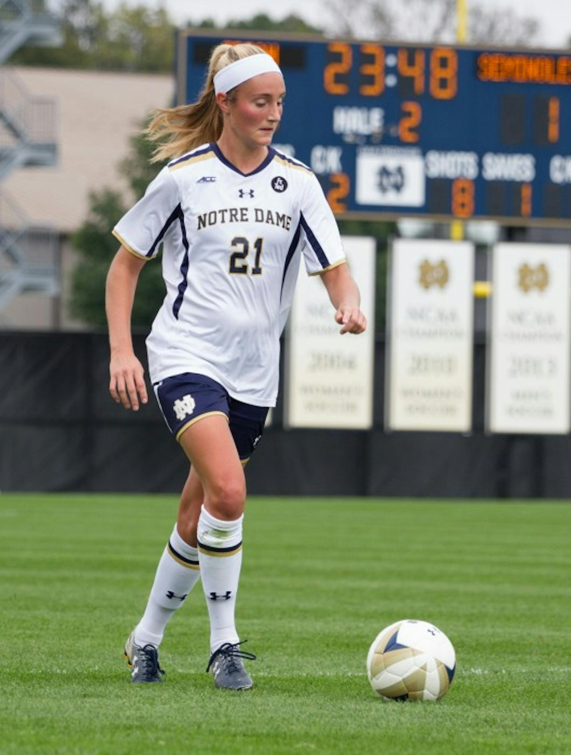 Senior defender Brittany Von Rueden moves the ball forward during a 1-0 loss to Florida State at Alumni Stadium on Sept. 27.