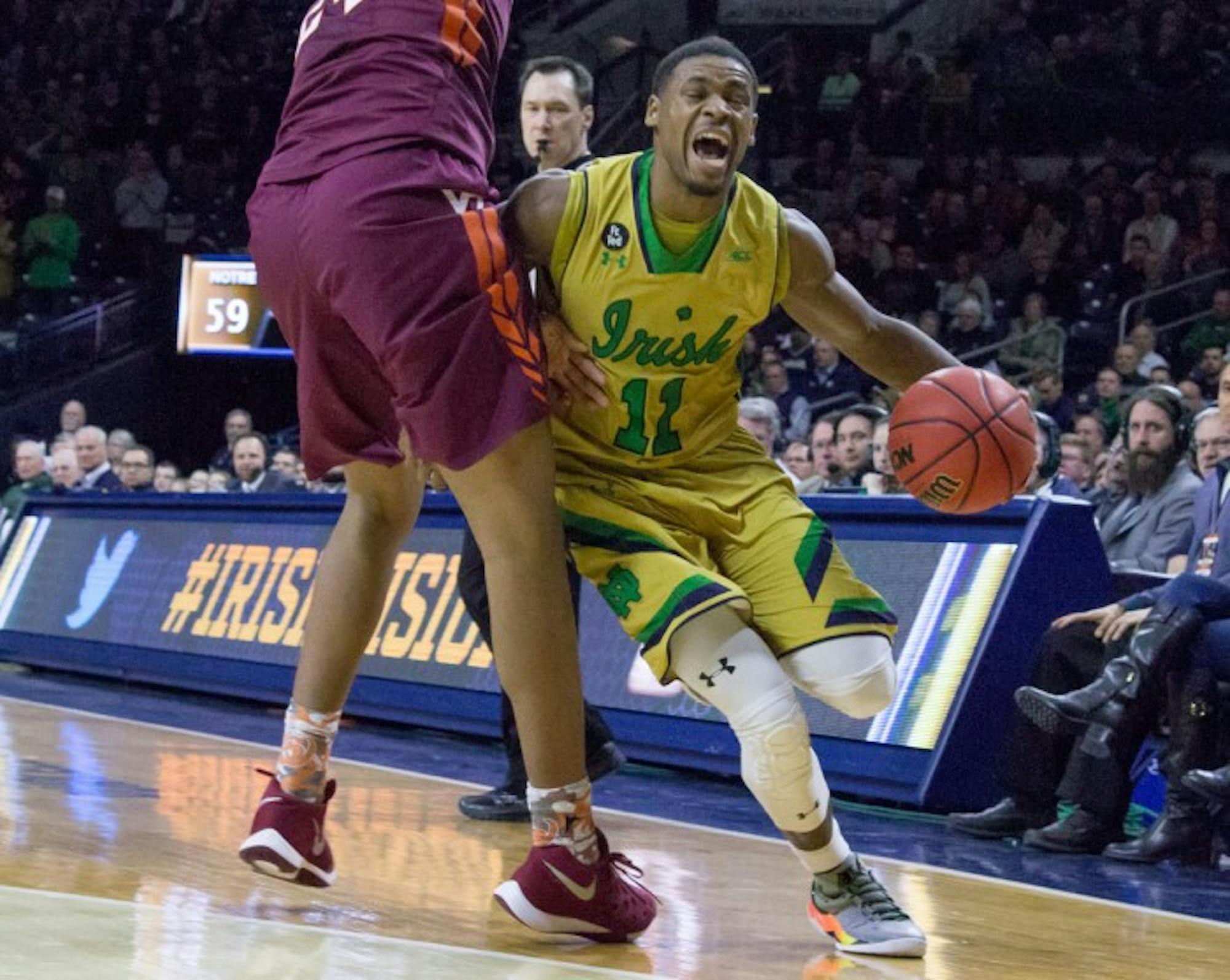 Irish junior guard Demetrius Jackson attempts to get to the baseline during Notre Dame’s 83-81 win over Virginia Tech on Jan. 20 at Purcell Pavilion. Jackson had 14 points and eight assists in Sunday’s win.