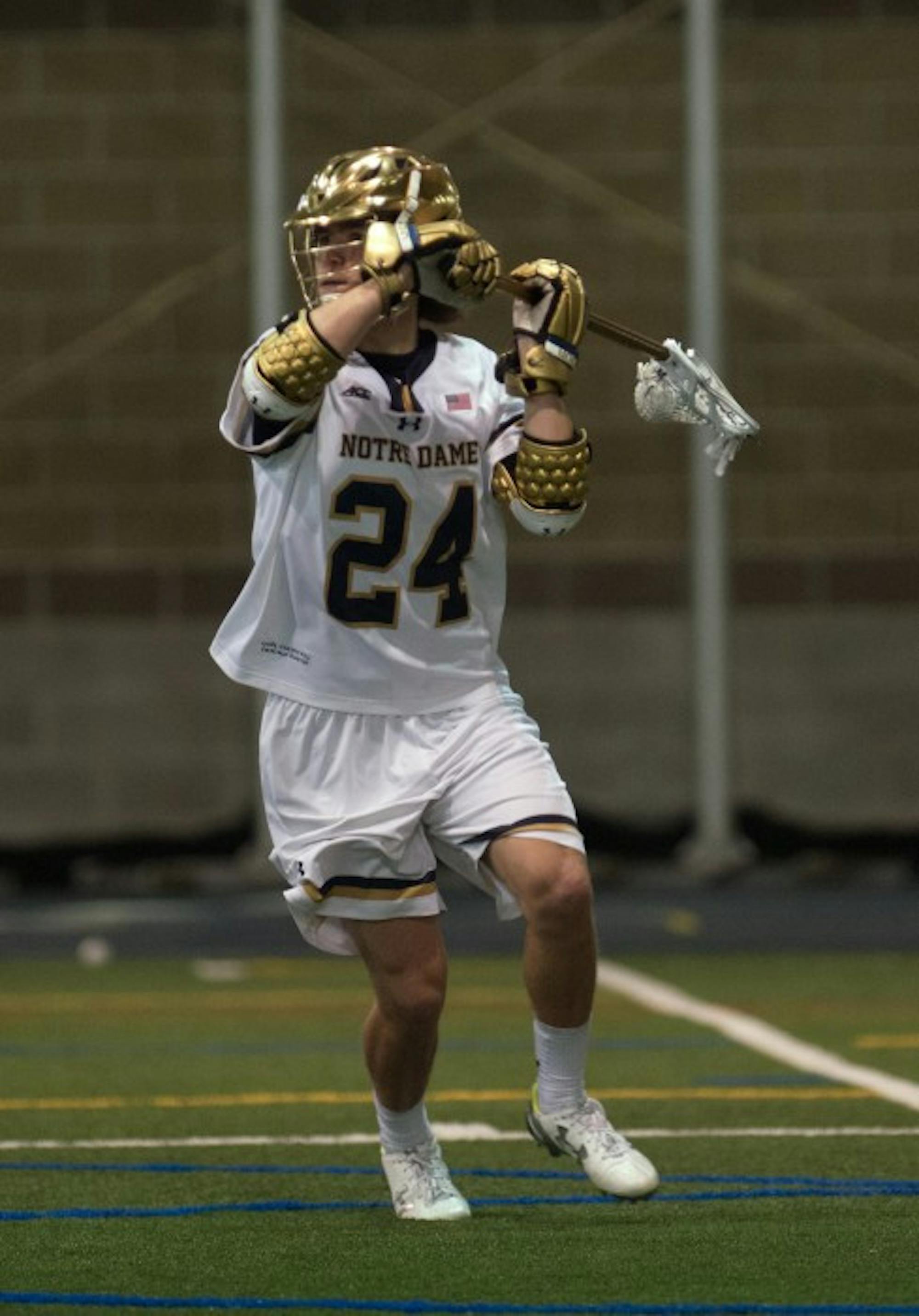 Sophomore attack Mikey Wynne shoots during Notre Dame’s 14-5 win over Detroit on Feb. 27. Wynne tallied six goals during the game, bringing his season total to nine.  He also added an assist in the win.