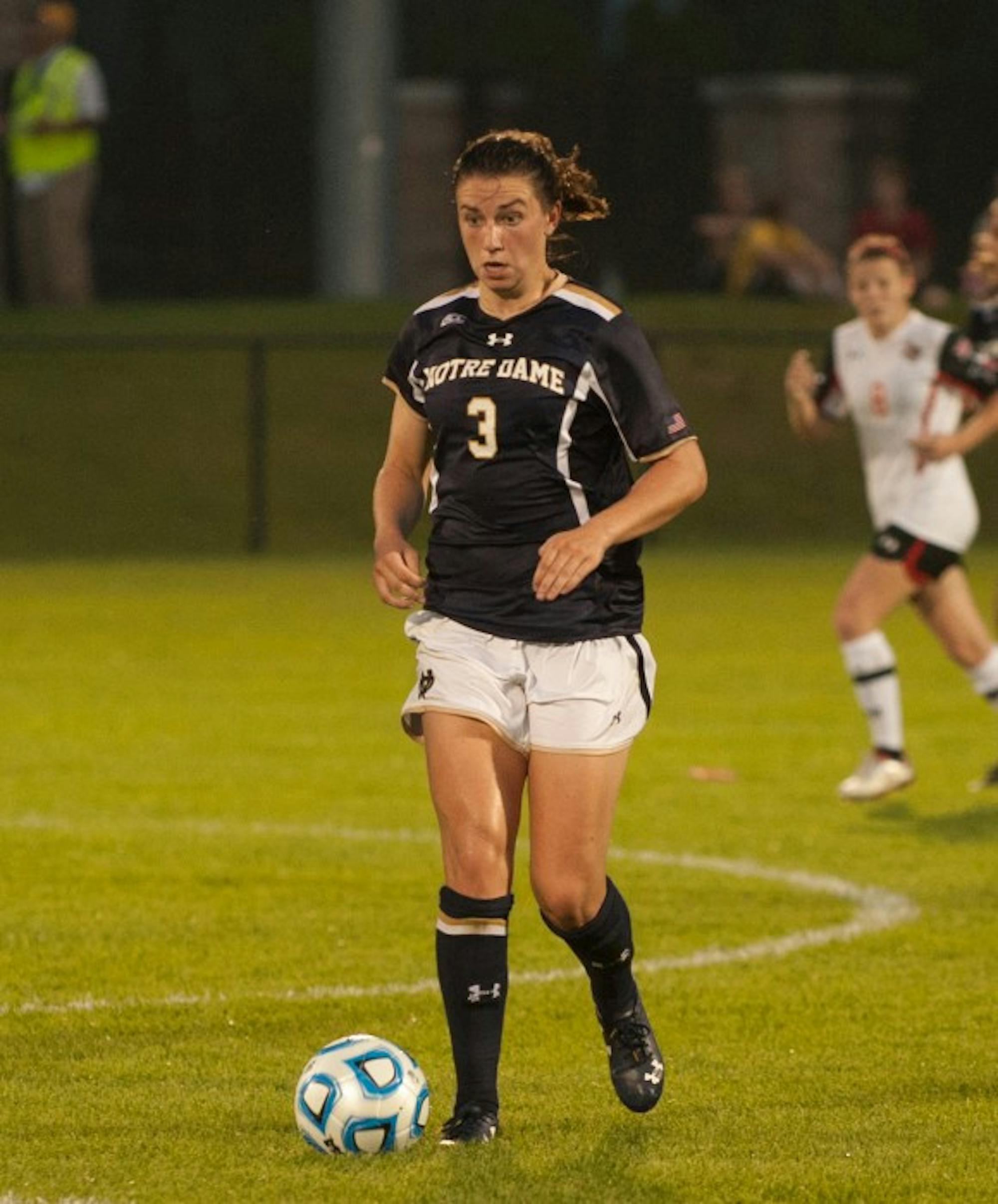 Irish sophomore midfielder Morgan Andrews looks to pass during Notre Dame’s 2-1 loss to Texas Tech on Aug. 29 at Alumni Stadium.